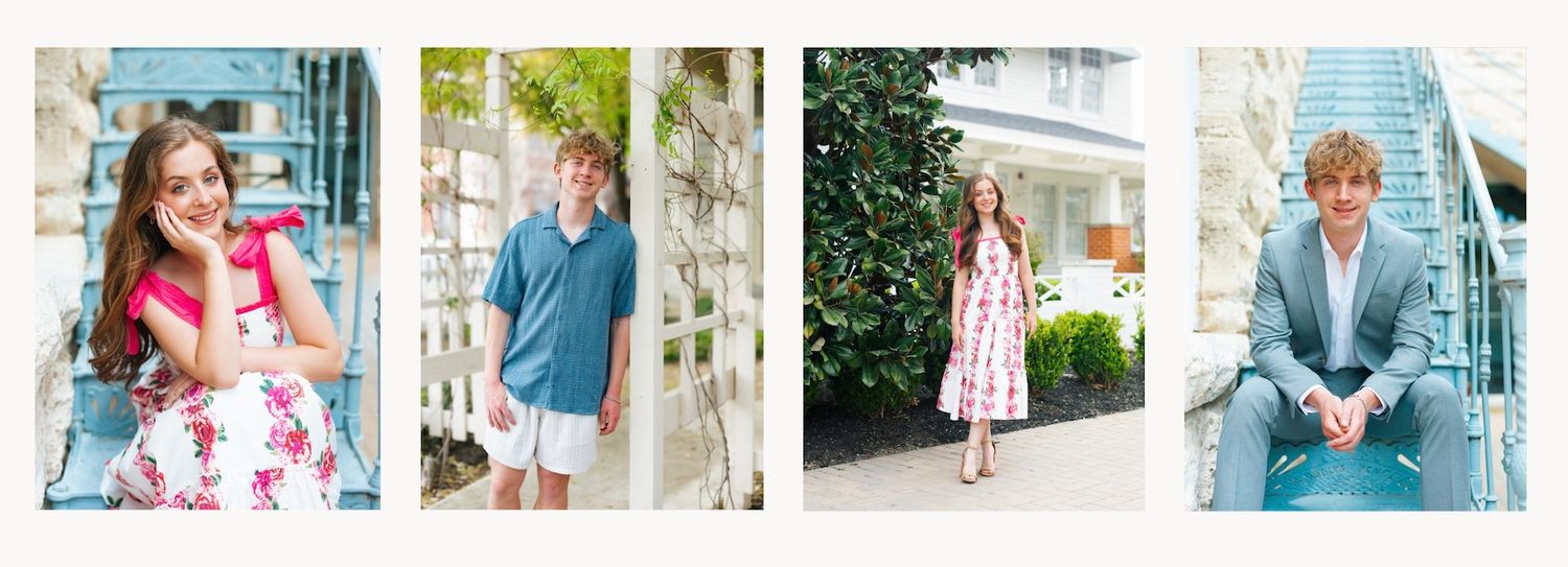 Four senior portrait photos of teens in colorful outfits posed near a charming blue building exterior.