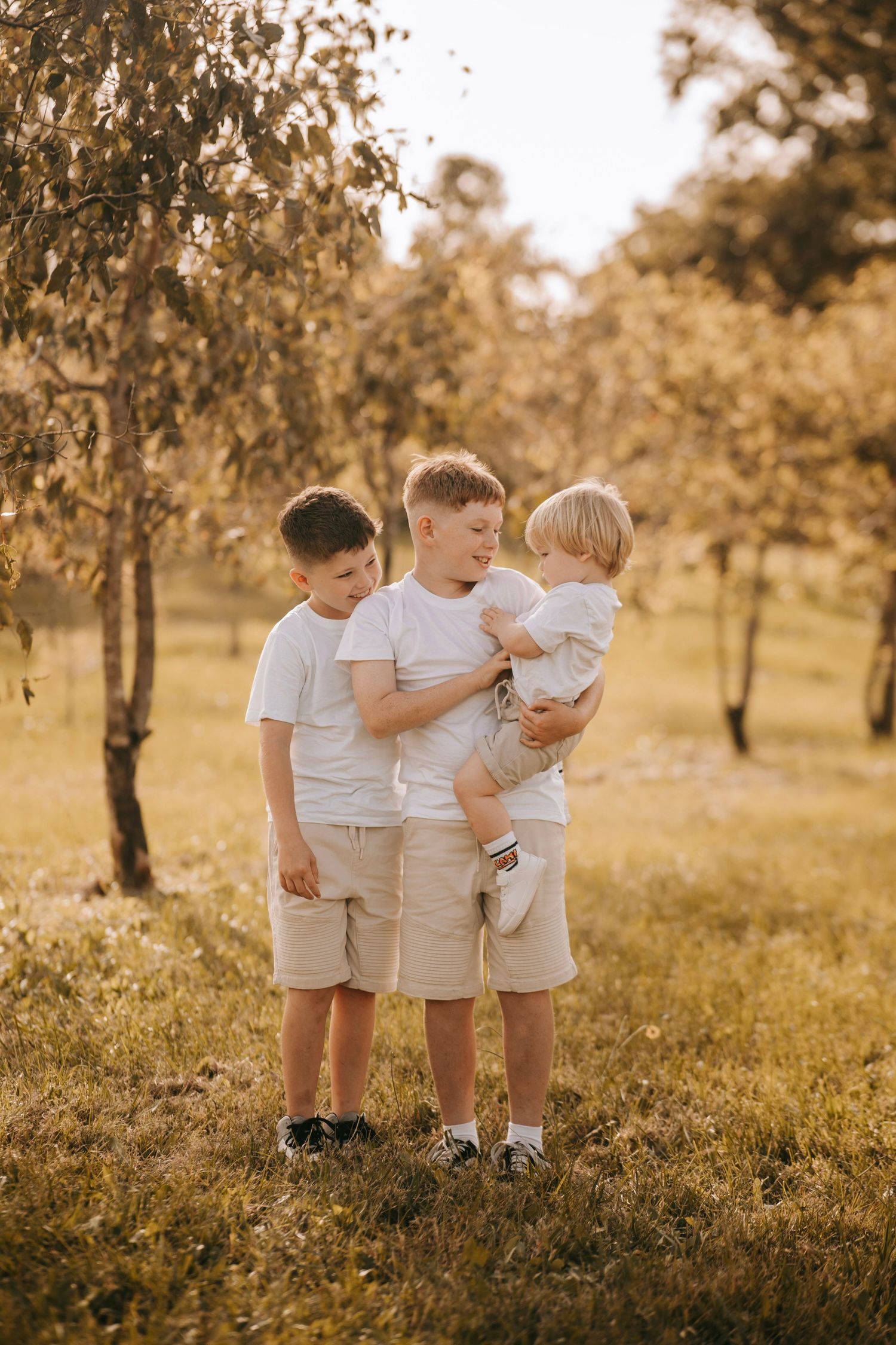 Three brothers standing together in a sunlit park, oldest holding youngest child.
