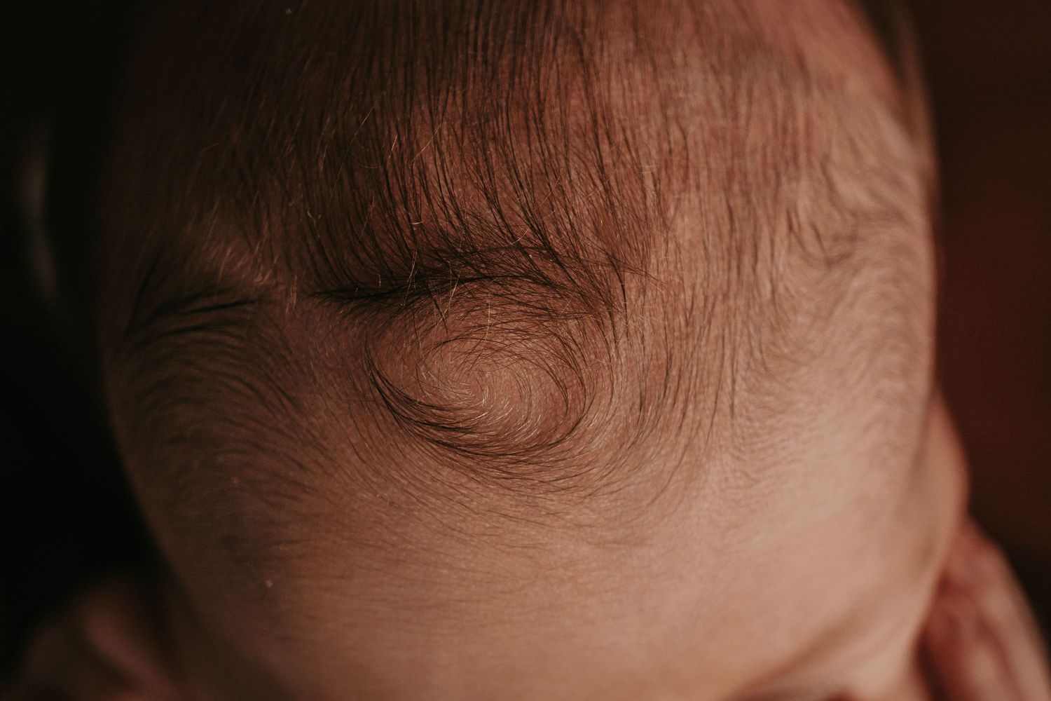 Close-up of a newborn baby's forehead showing delicate skin texture and tiny hair swirl pattern.
