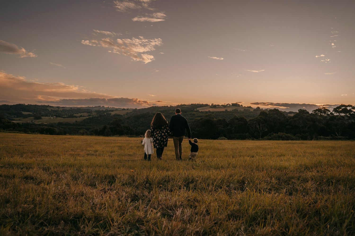 A family of four walks hand-in-hand through a golden meadow at sunset with scenic hills beyond.