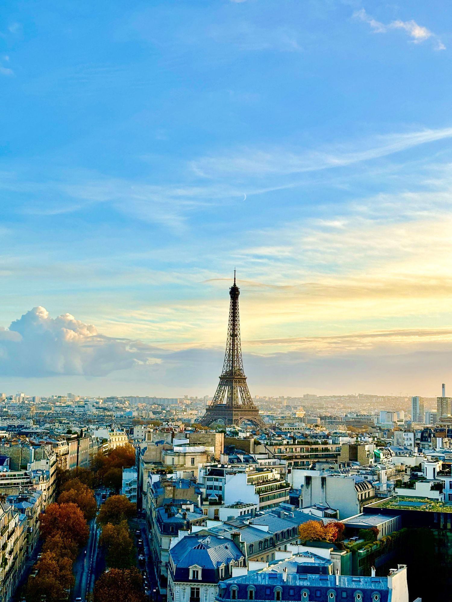 Eiffel Tower framed by Paris rooftops at golden hour with soft clouds in the sky