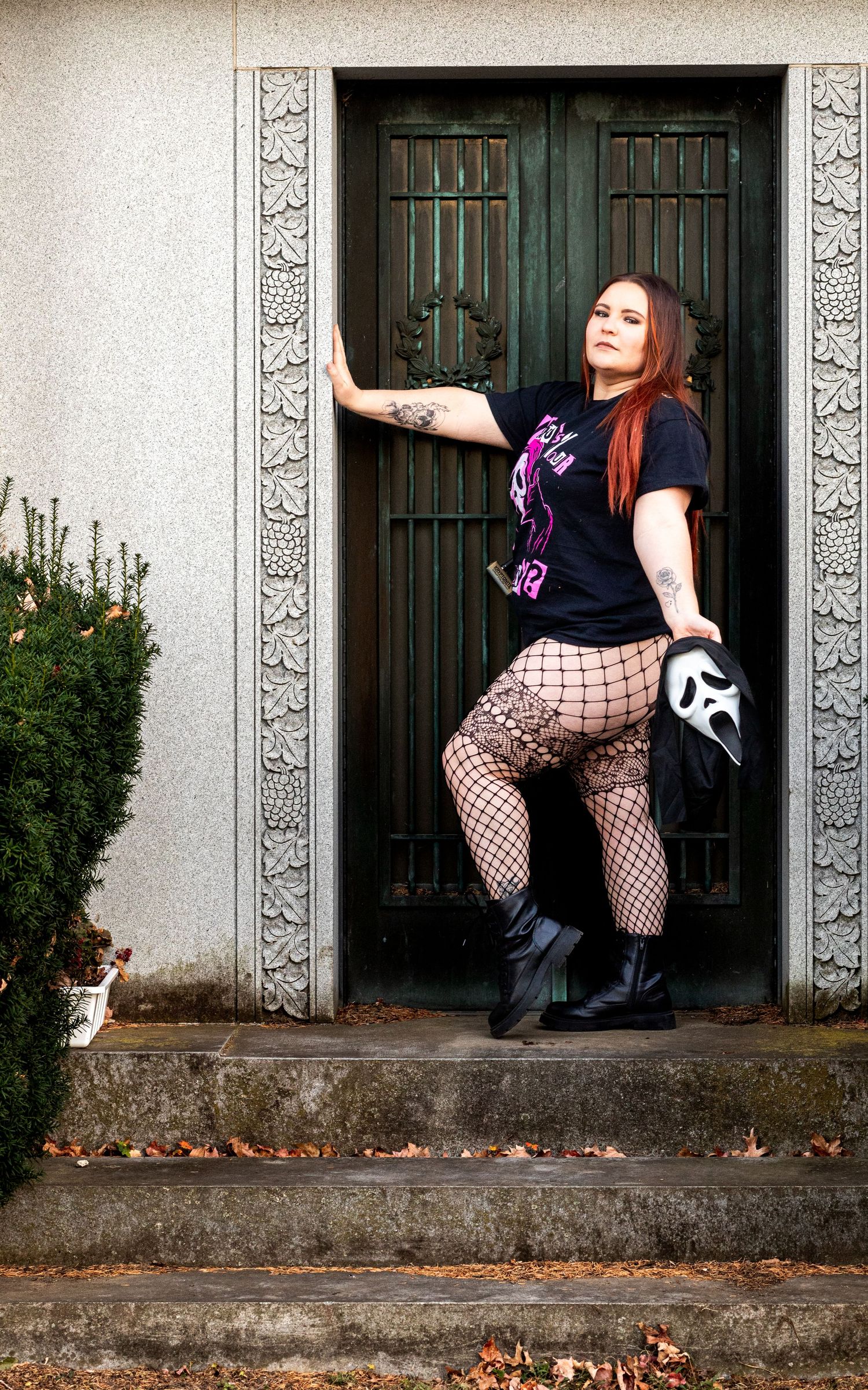 A figure in alternative fashion with fishnets poses creatively near stone doorways in a series of connected photos.