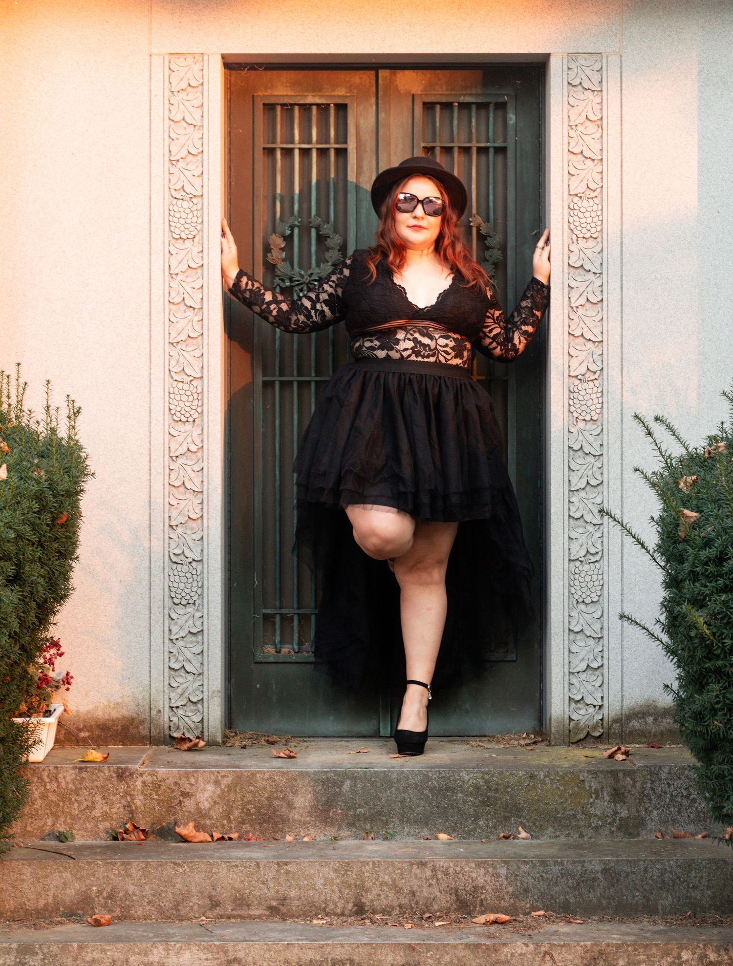 Three creative fashion portraits showing someone in a black dress and sunglasses posing against an ornate doorway.
