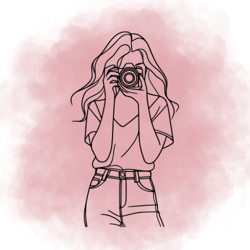 Line art illustration of a photographer taking a picture in casual attire against a pink background.