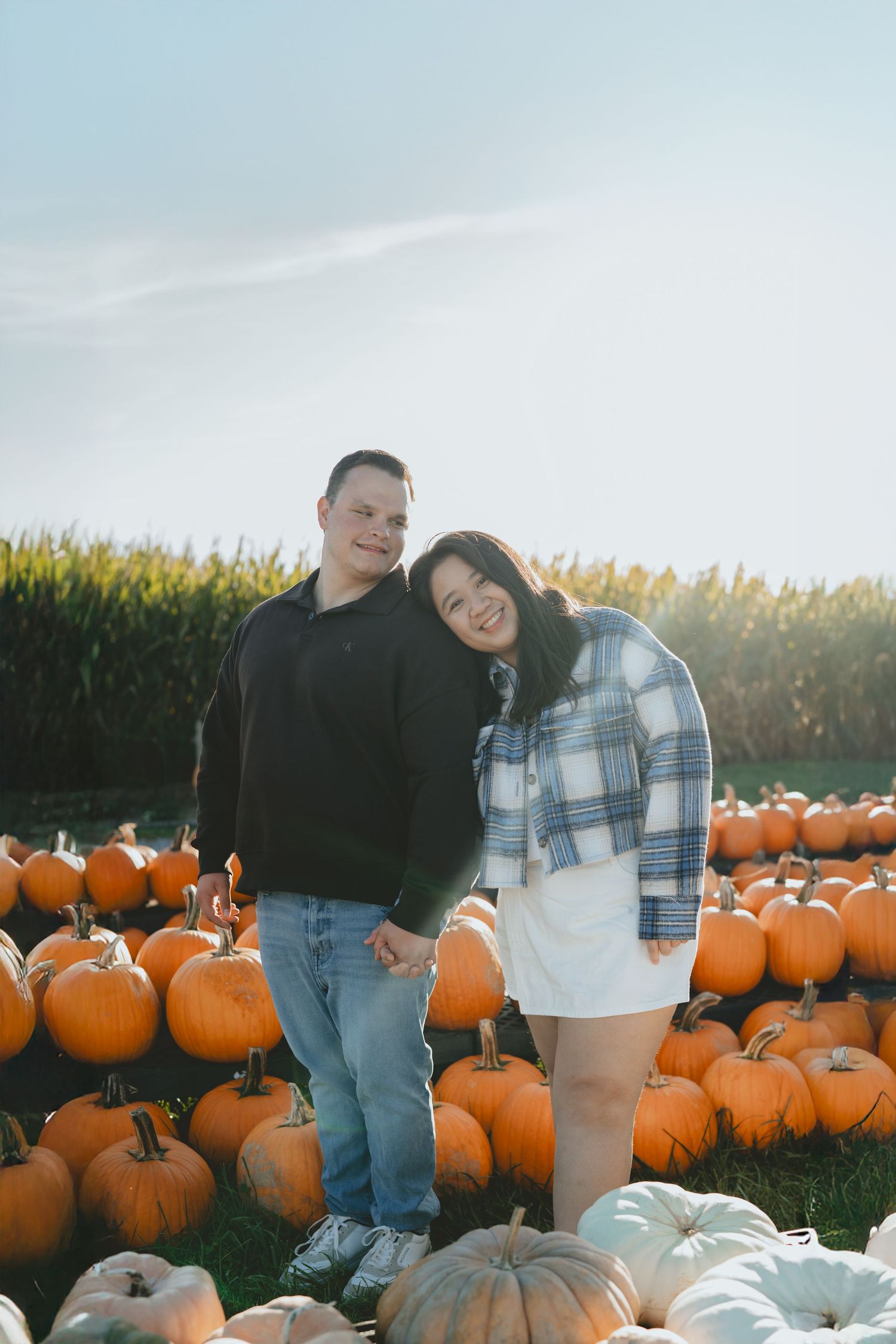 Smiling couple holding hands surrounded by orange and white pumpkins in a field.