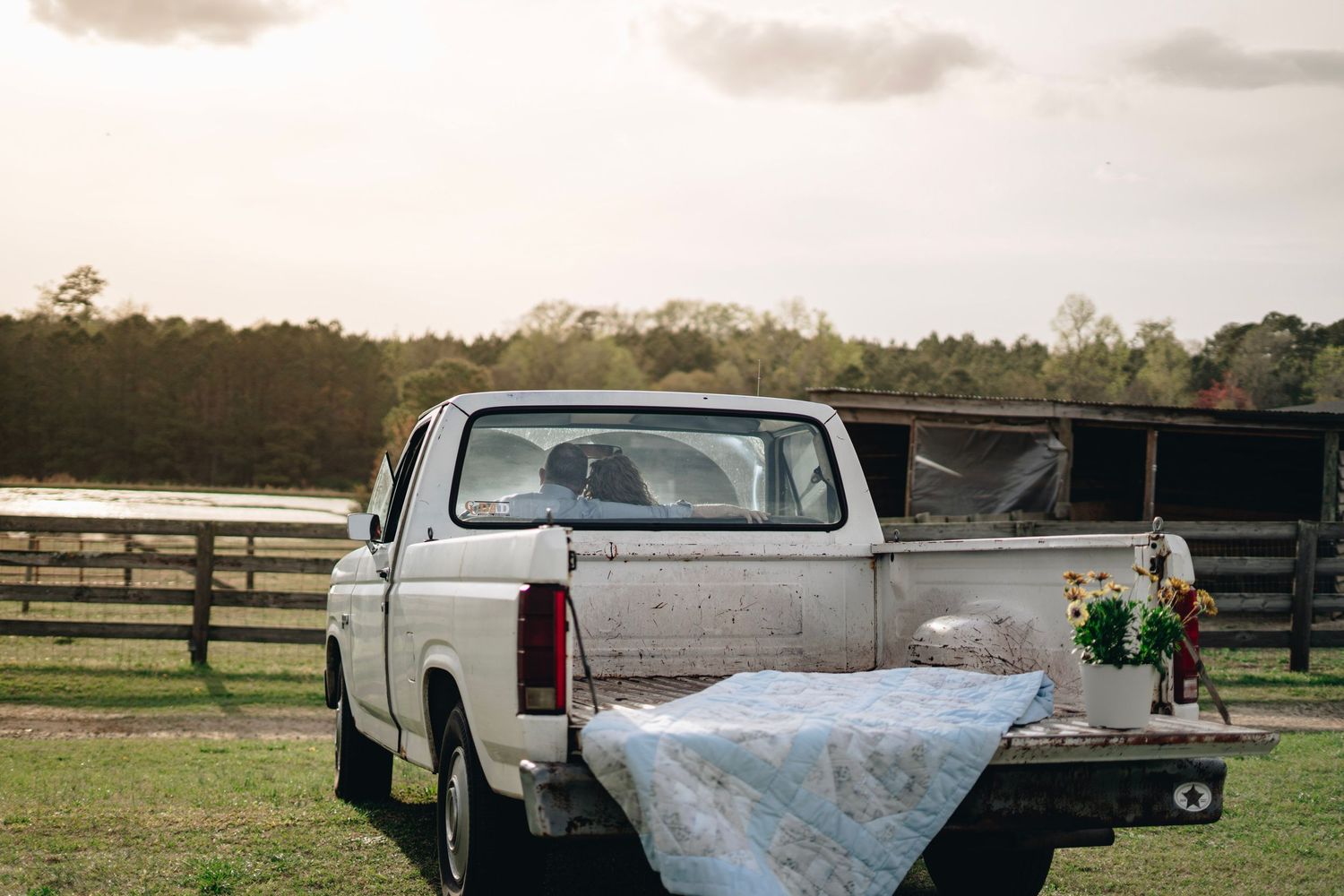 Vintage white pickup truck with flowers and quilt in bed parked on green farm at sunset.