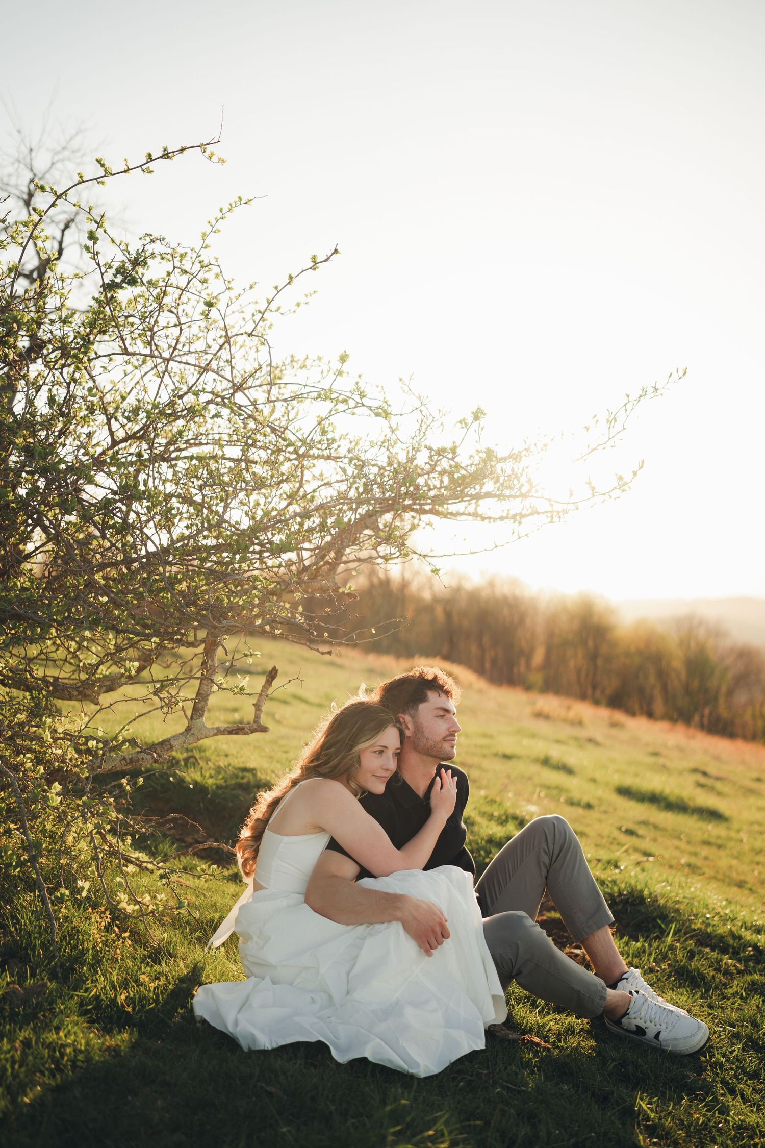Couple sitting together under a blossoming tree on a sunlit grassy hillside.