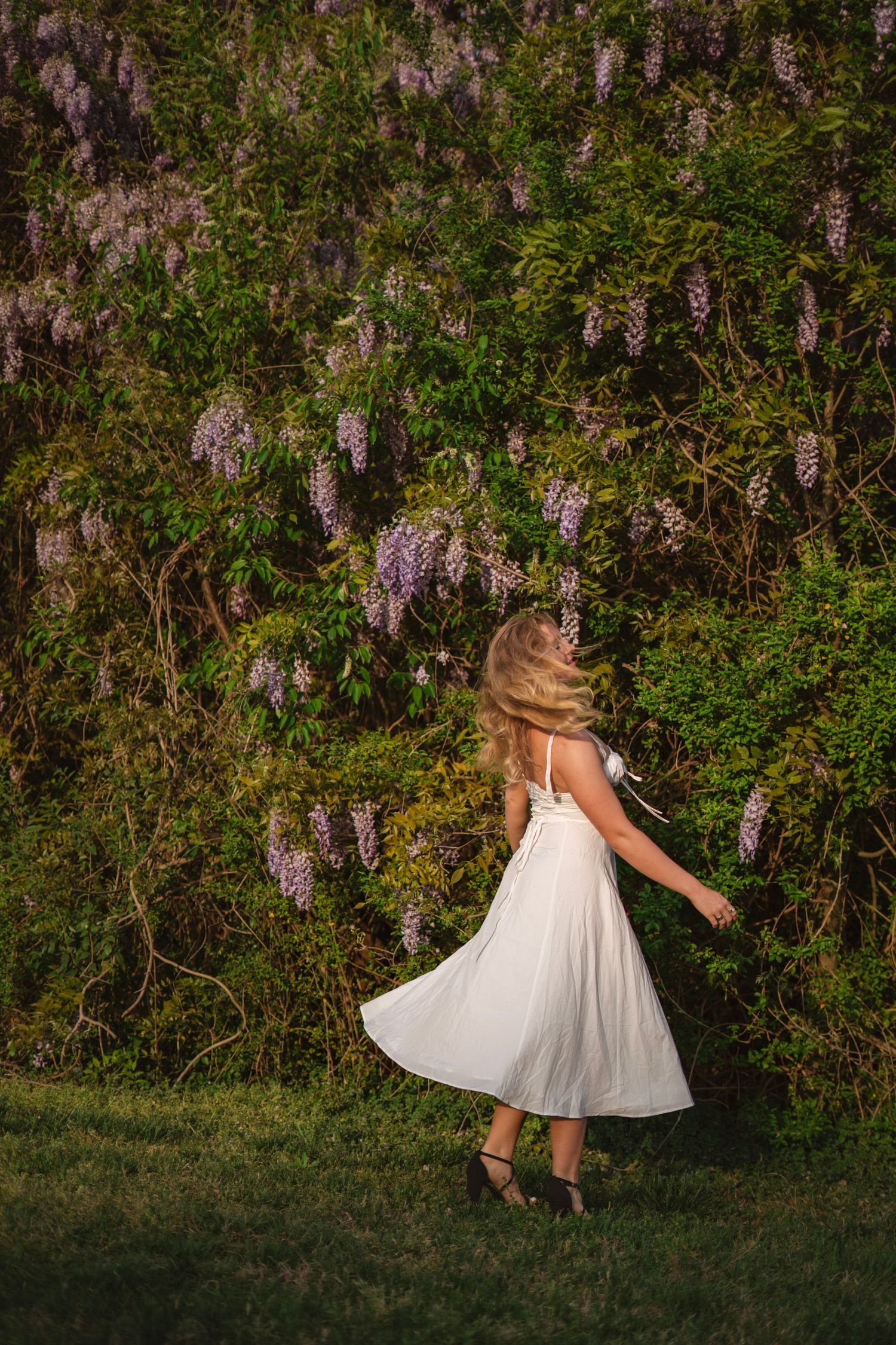 A blonde woman in a flowing white dress twirls before a lush wall of purple wisteria flowers.