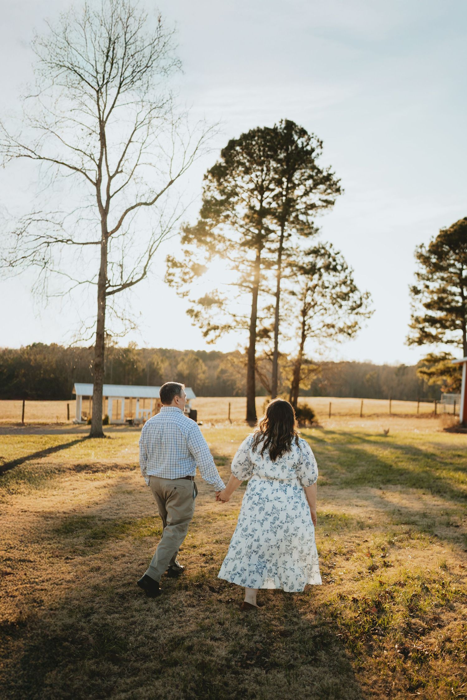 Couple walking hand-in-hand through a golden field at sunset near tall pine trees.