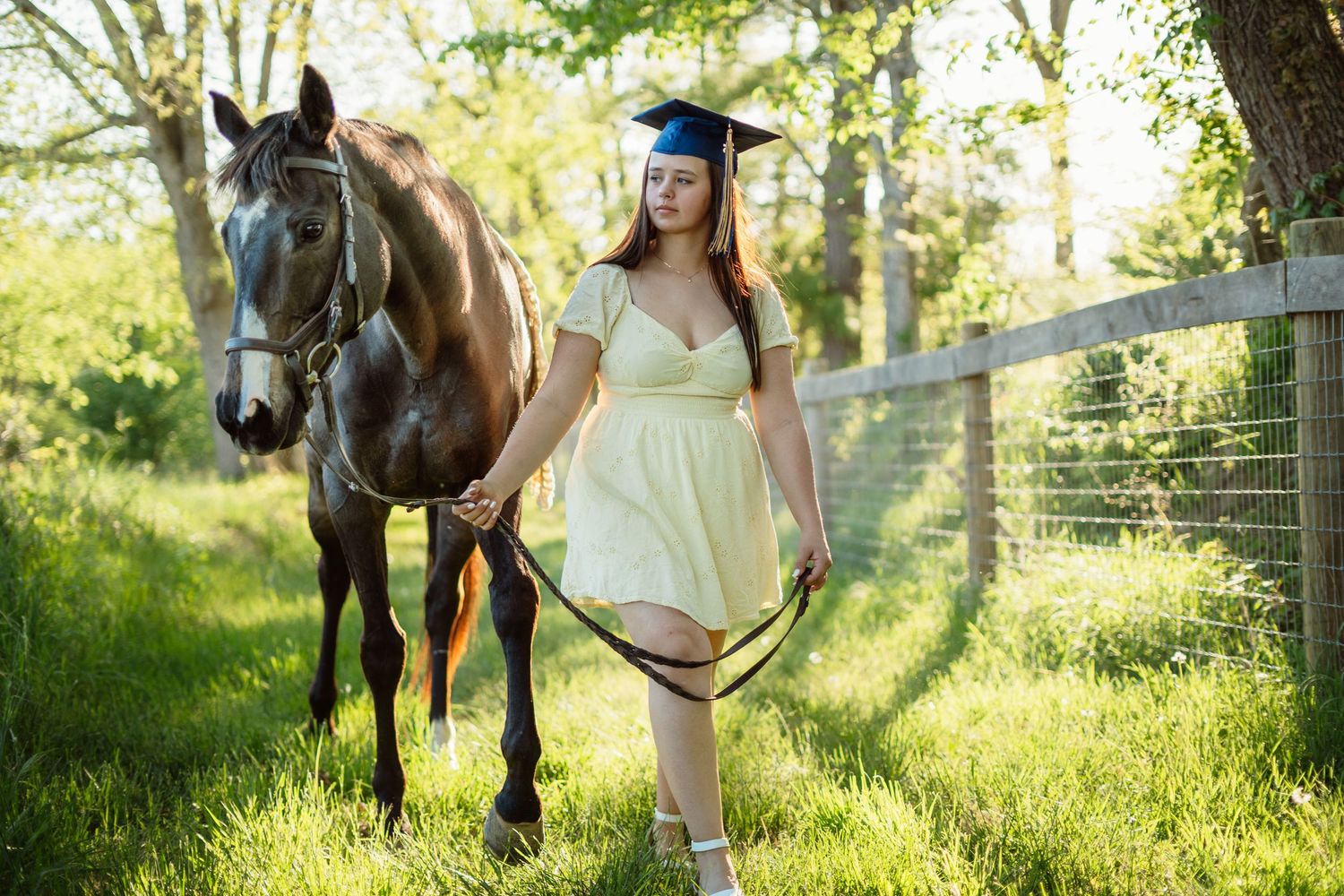 A young woman in a white dress and graduation cap leads a dark horse along a sunny fenced pasture.