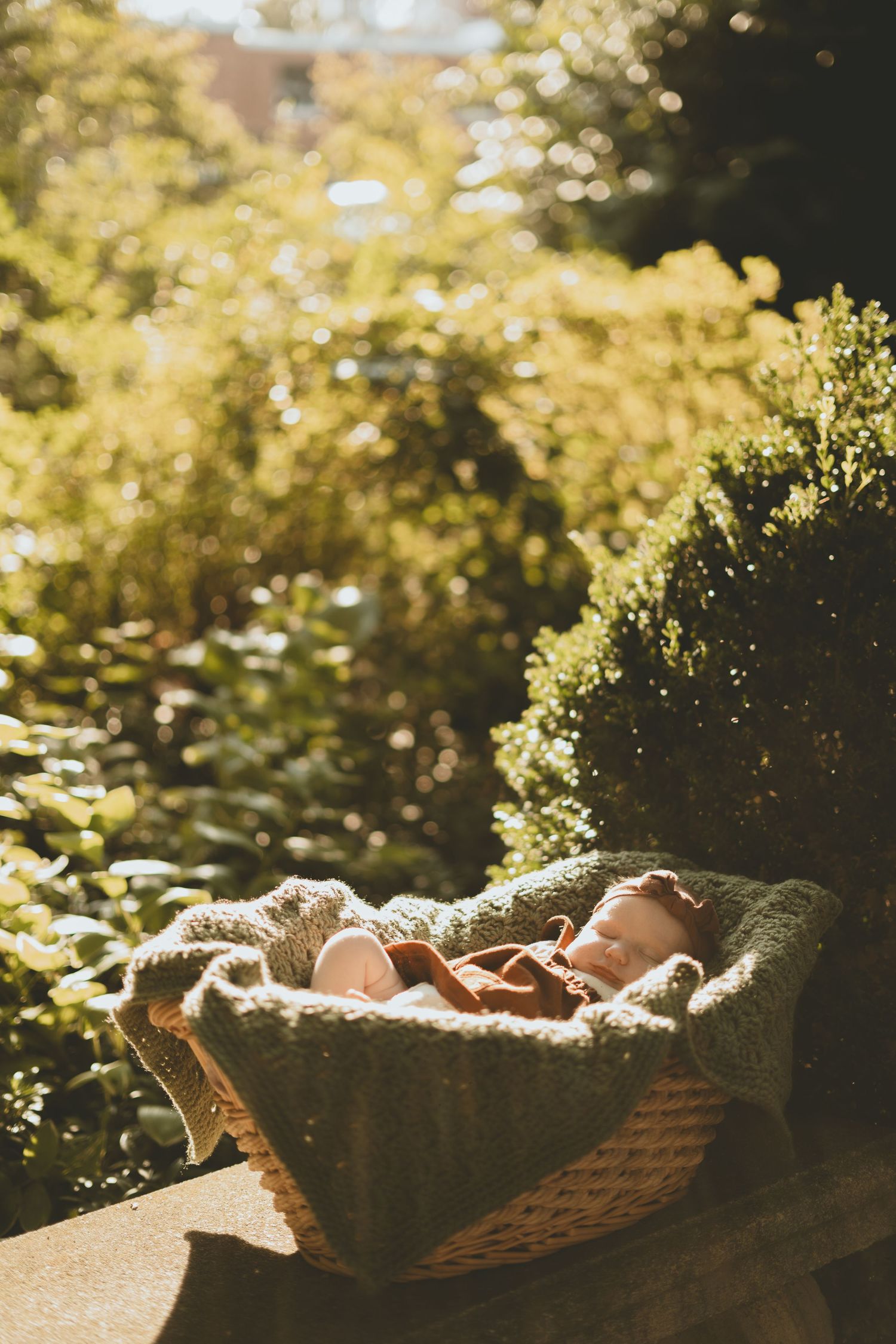 Sleeping newborn baby rests in wicker basket with green knit blanket in sunny garden.