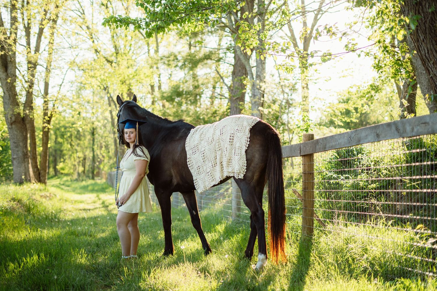 Young woman in white dress standing beside a dark horse near wooden fence in sunny meadow.