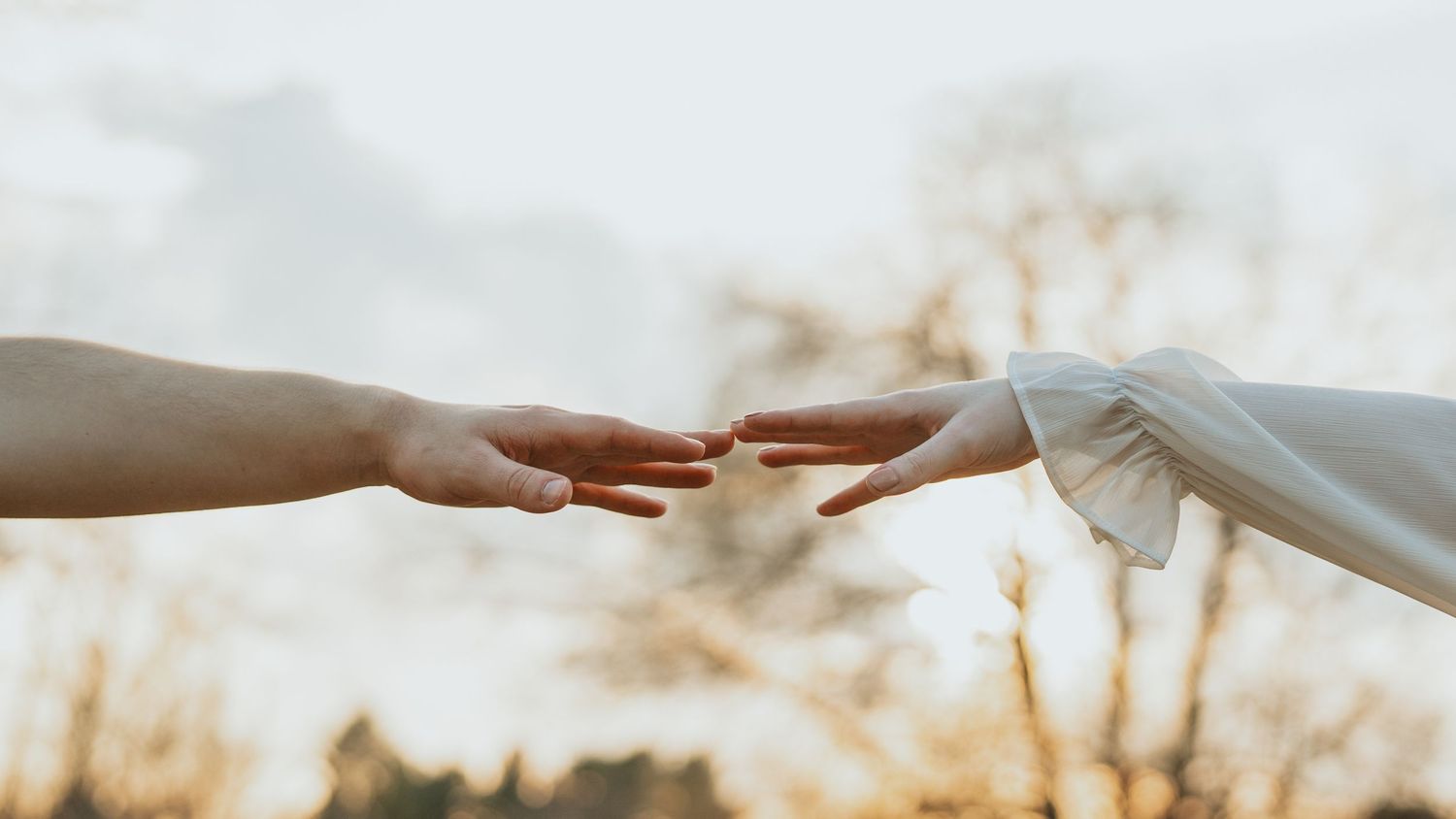 Two hands gently reaching toward each other against a soft bokeh autumn outdoor background.