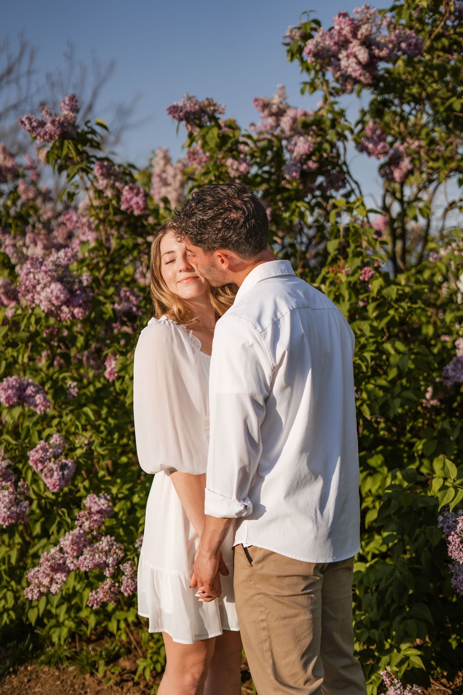 Romantic couple holding hands and sharing a tender kiss among blooming lilac bushes in spring.