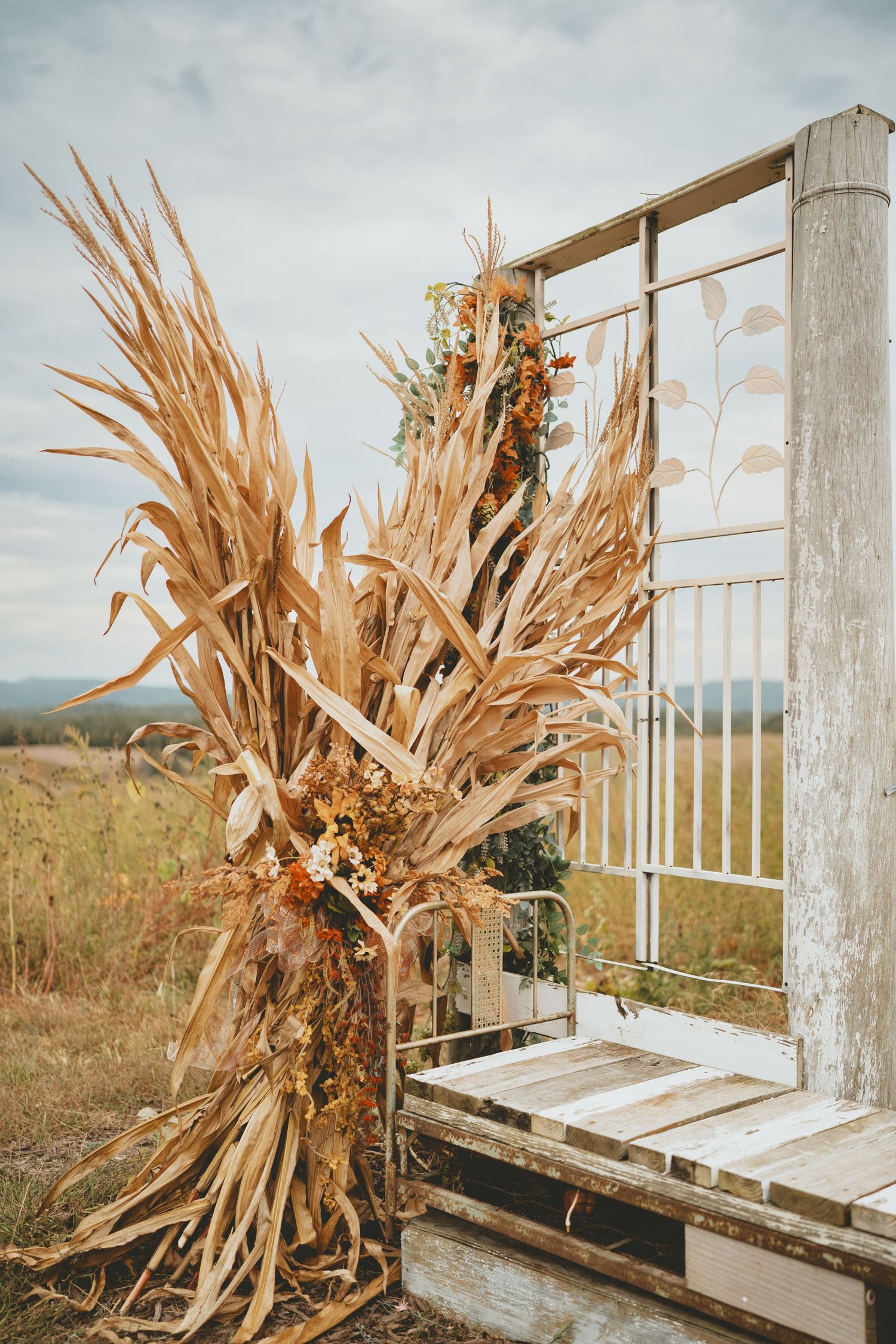 Rustic fall wedding arch with dried corn stalks and wildflowers against an open field backdrop.