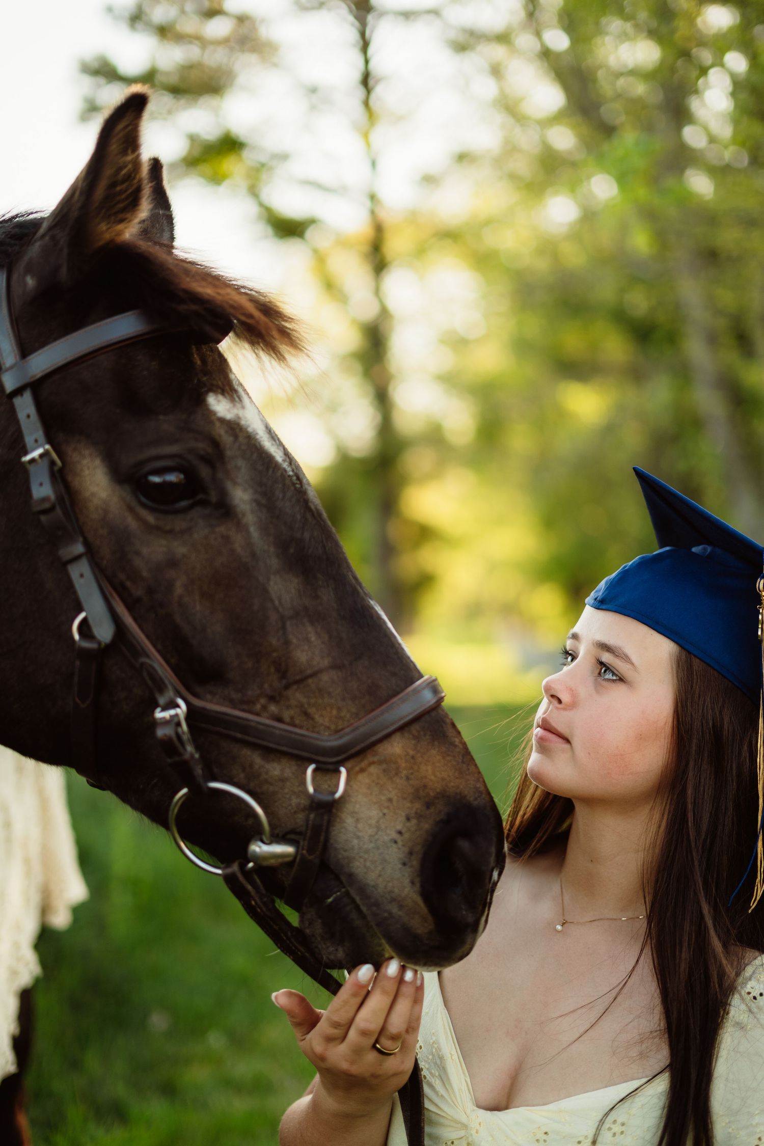 A young woman in a graduation cap gently holds a dark horse's face in a lush outdoor setting.