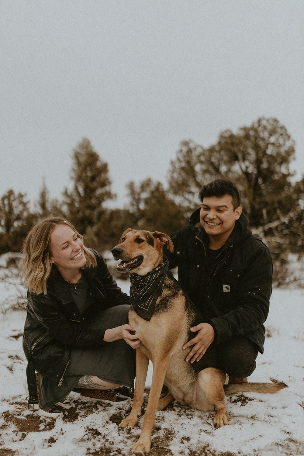 Happy couple sits in snow with their playful brown dog on a winter day in nature.