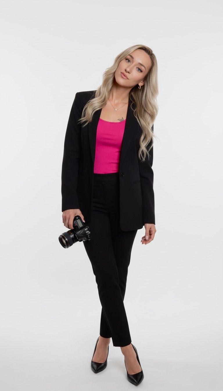 Professional fashion model in black business suit and pink top poses against white backdrop in four different poses.