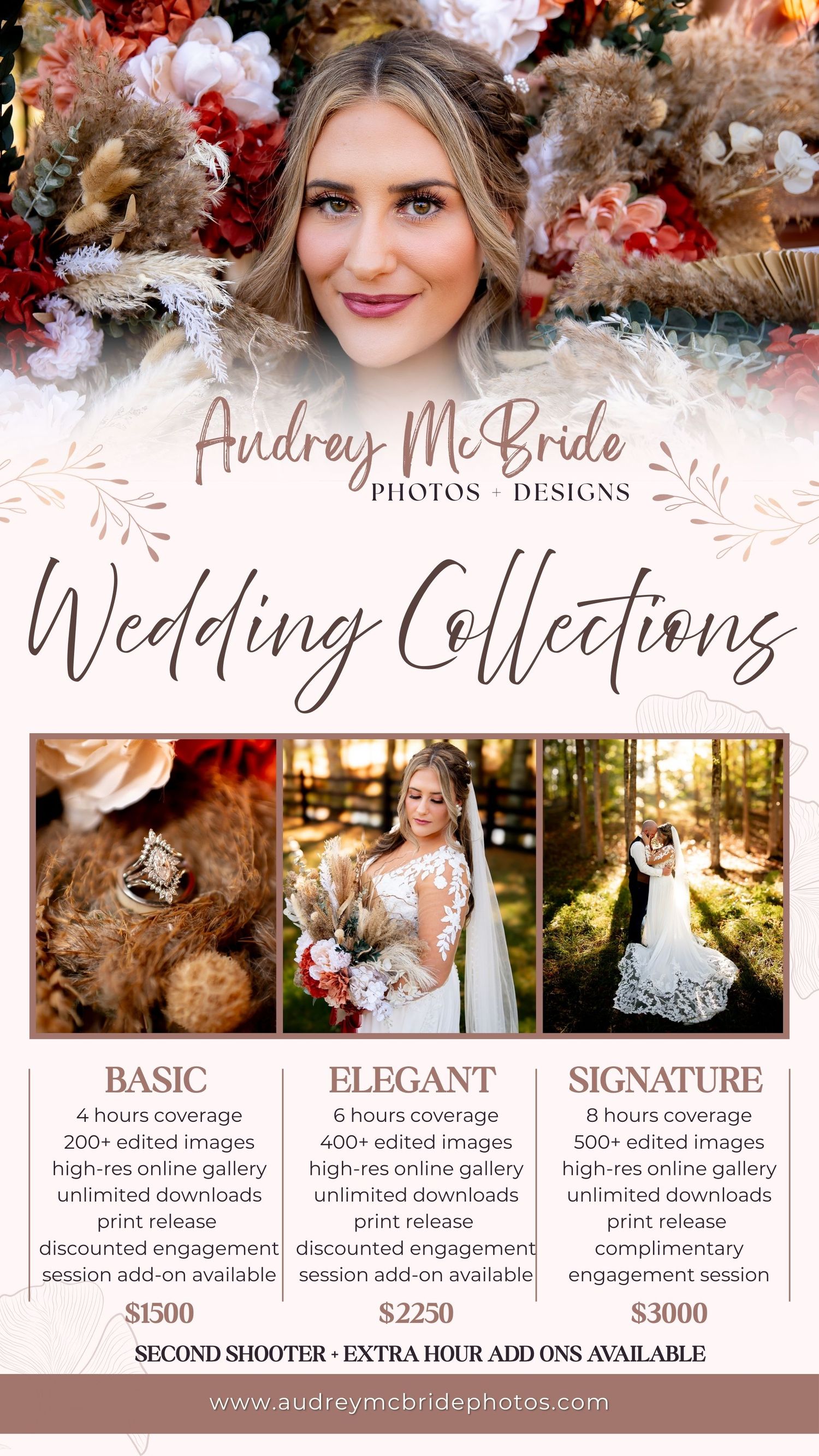Wedding photography pricing guide showing three tiers of packages with floral decorative elements and sample photos.