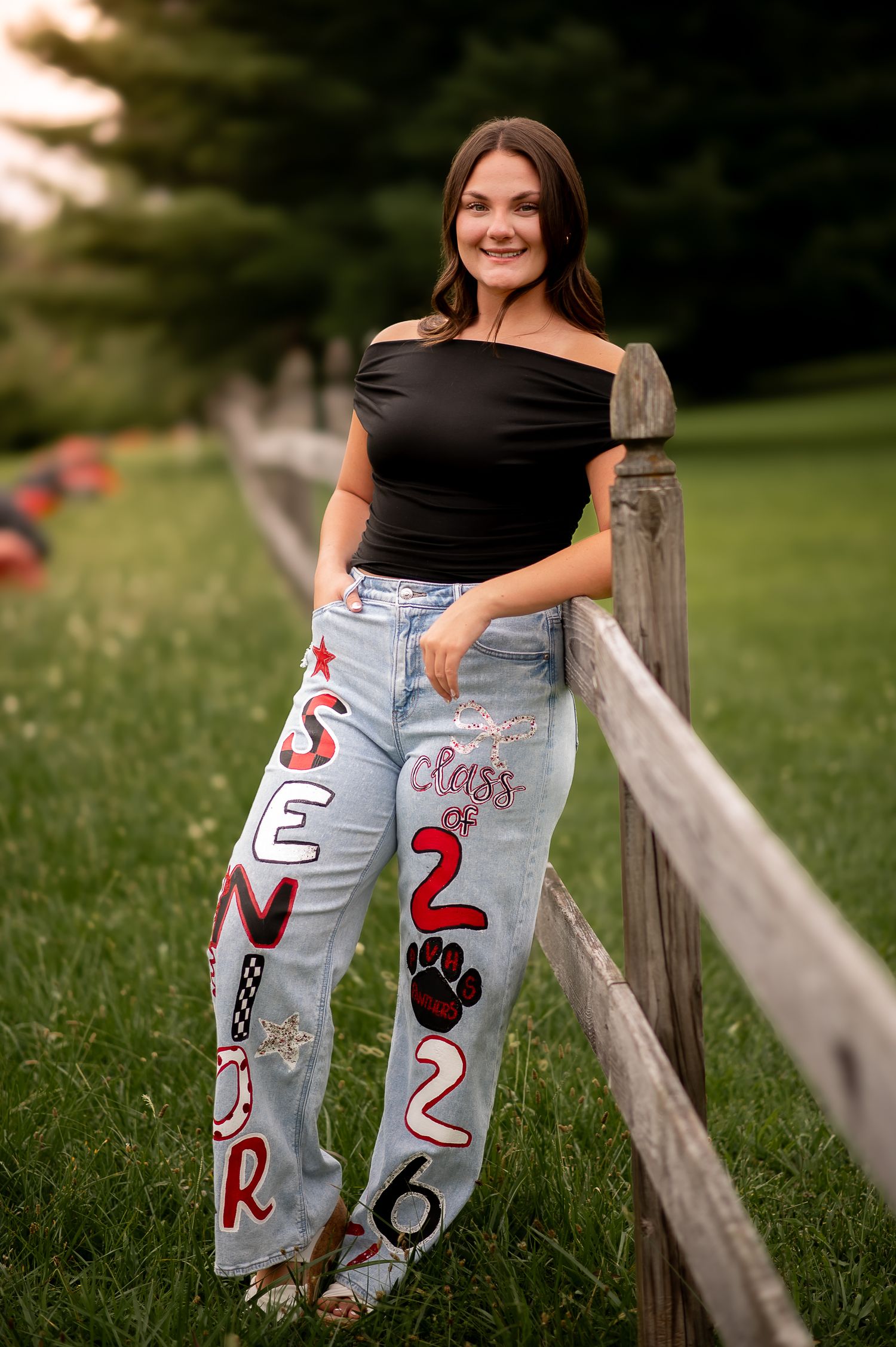 Custom painted jeans with artistic designs is displayed outdoors against a rustic wooden fence and green grass field.