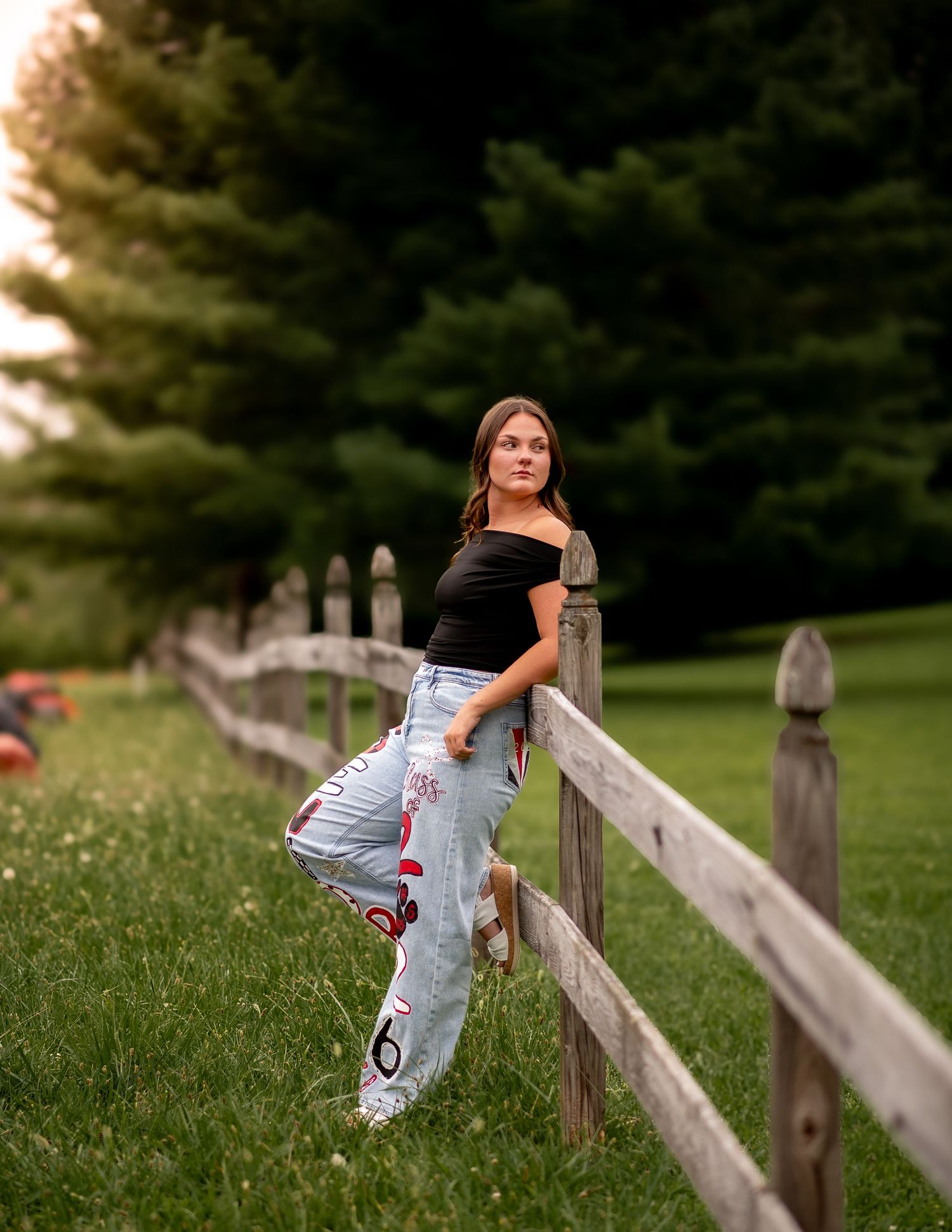 Candid outdoor portrait against rustic wooden fence with evergreen trees and wildflowers in summer meadow background.