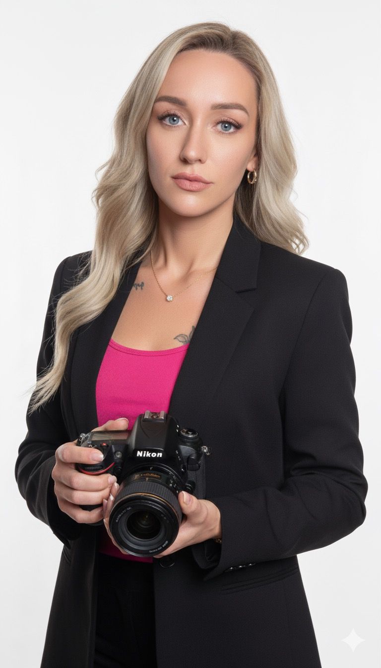 Professional photographer wearing black blazer and pink top holds Nikon DSLR camera against white background.
