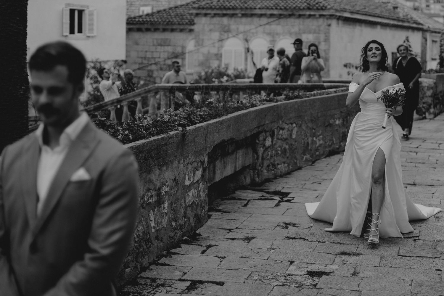 Croatia elopement photographer Hvar Split Dubrovnik
Bride and groom first look before sunset beach wedding ceremony in Hvar, Croatia