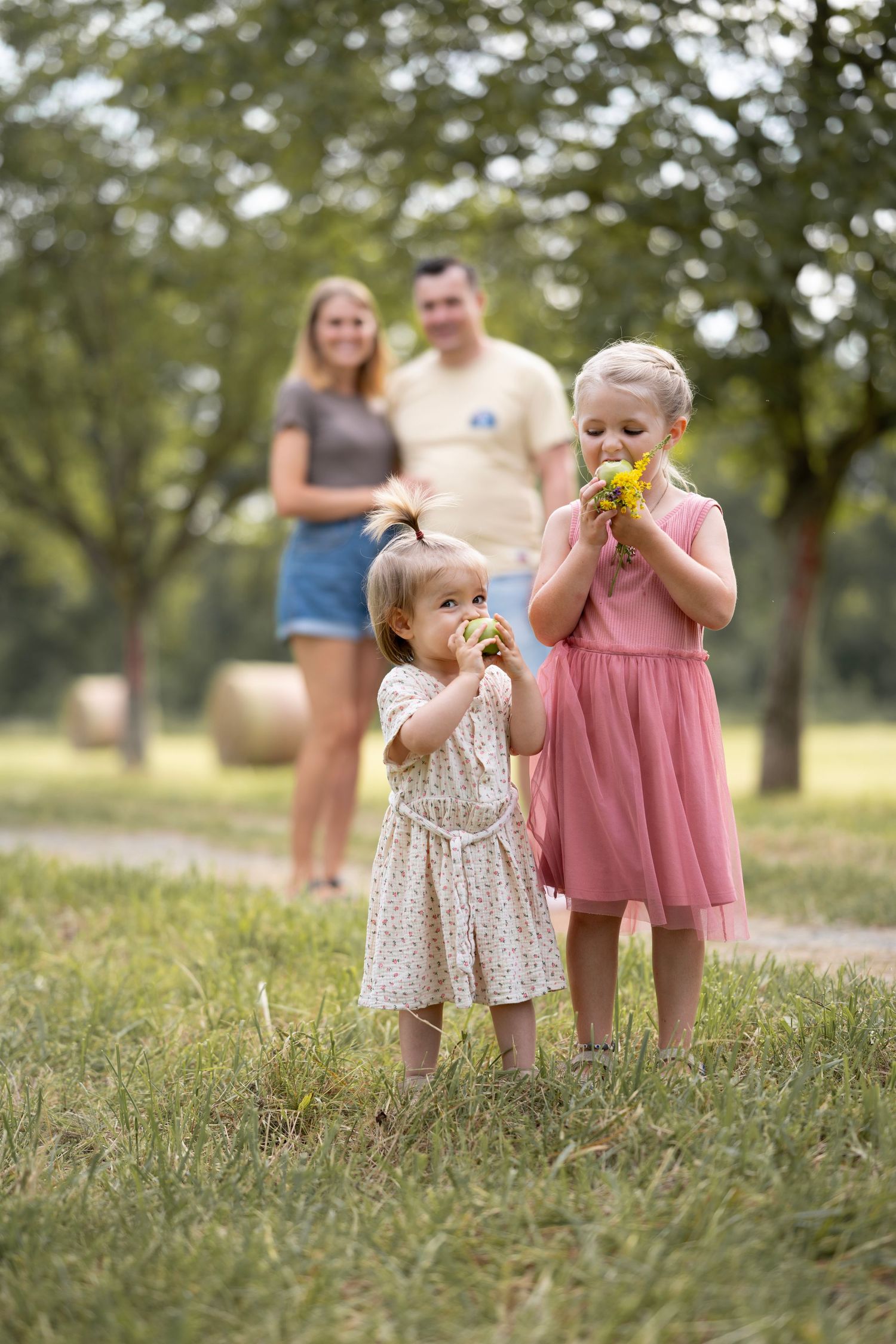 Familienfoto, Mutter, Vater und zwei Kinder im Feld