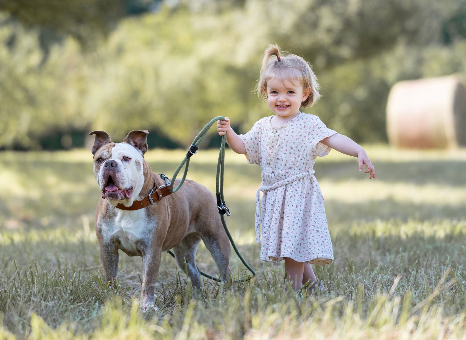 Kind hält einen Hund an der Leine