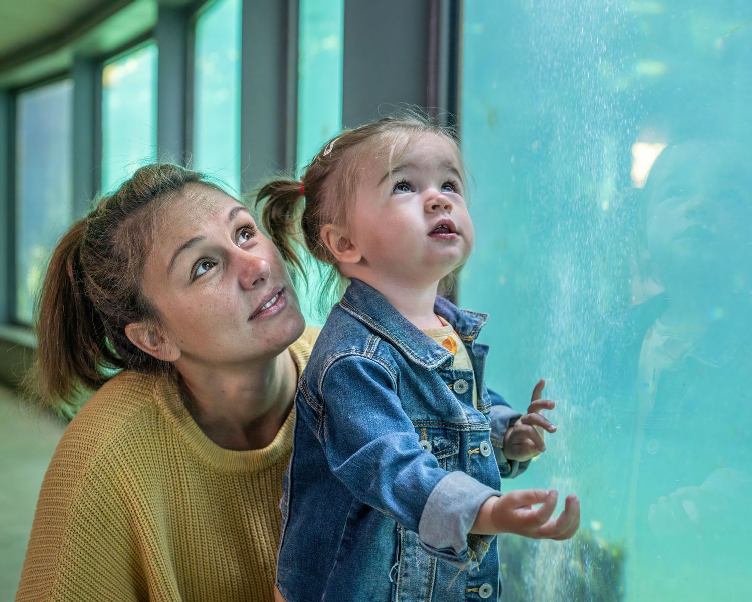 Frau und Kind schauen ins Aquarium