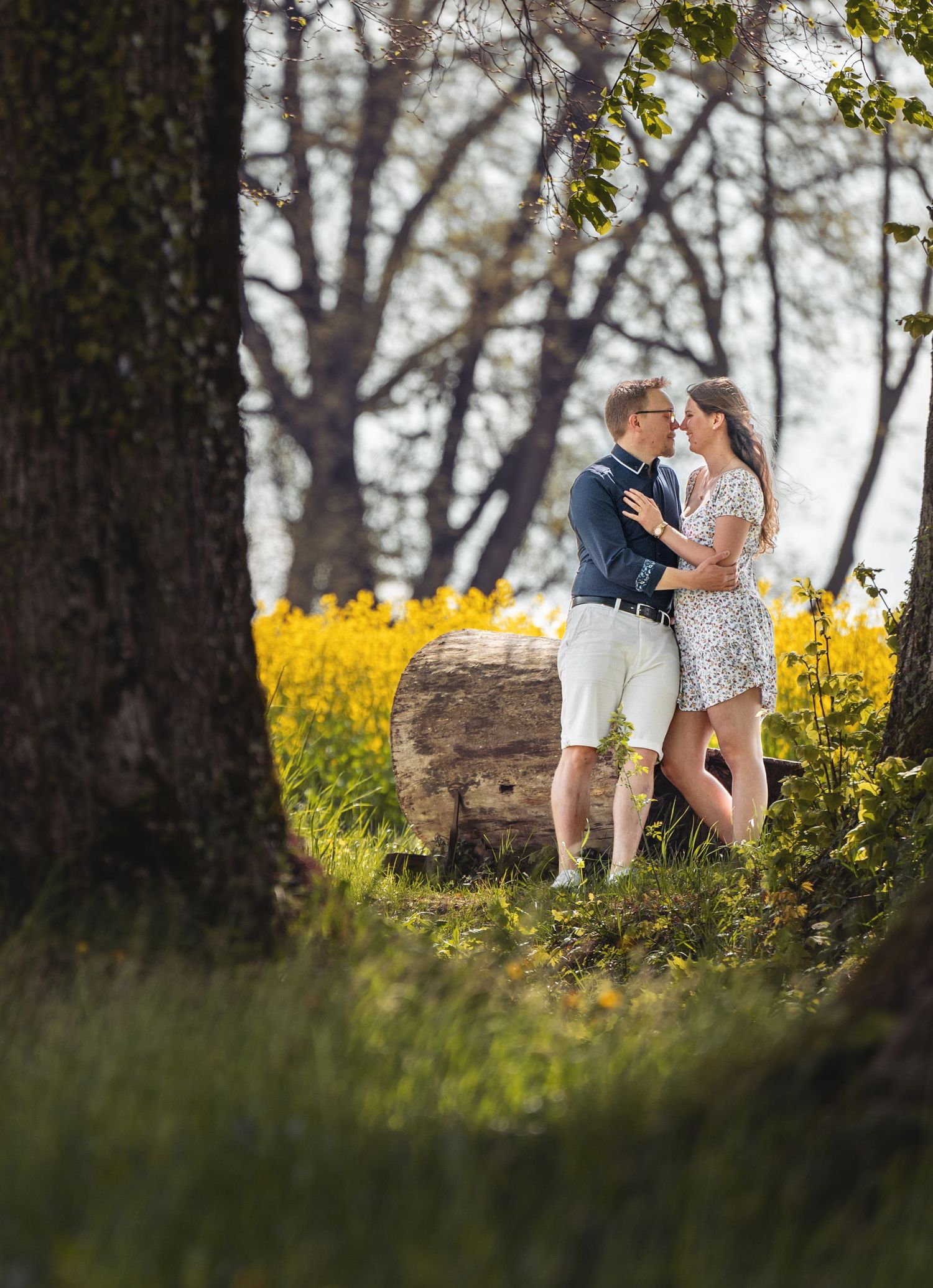 Frau und Mann umarmen sich zwischen Bäumen, gelbe Blumen, Fotografie