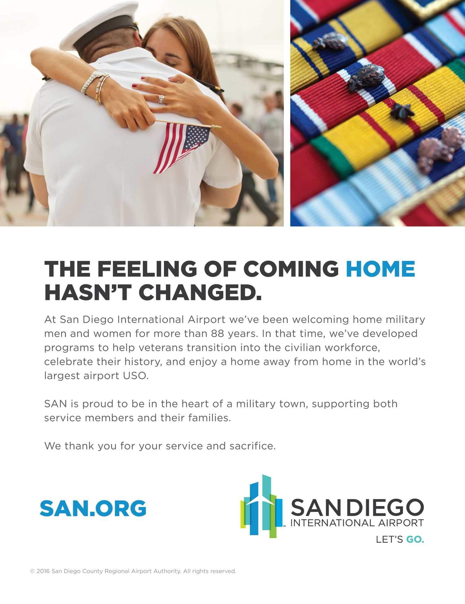 SAN.org airport marketing campaign featuring military homecoming photo—emotive ad creative by Dolce Vita Studio for public agency branding.