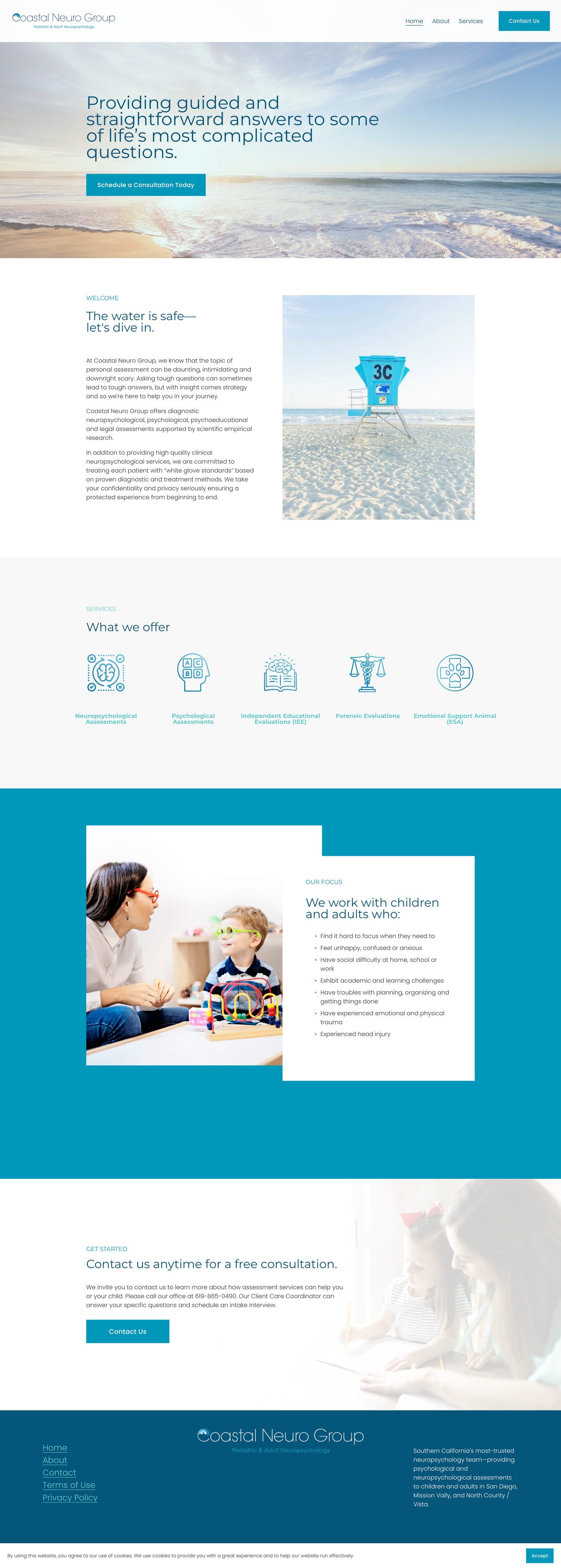 Overview of Coastal Neuro Group’s homepage design showing calming brand colors, service highlights, and patient resources