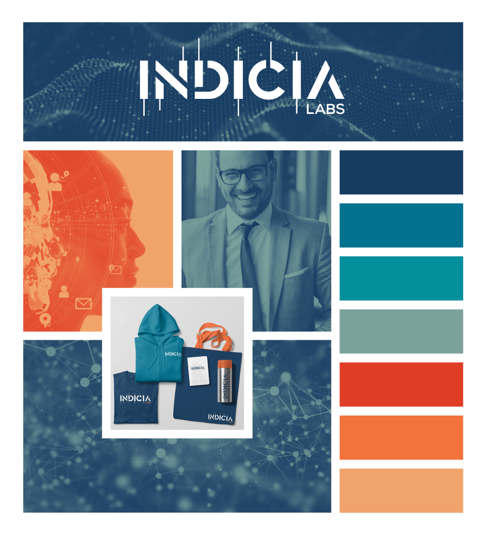 Printed moodboard for Indicia labs featuring modern tinted photos and bold color palette