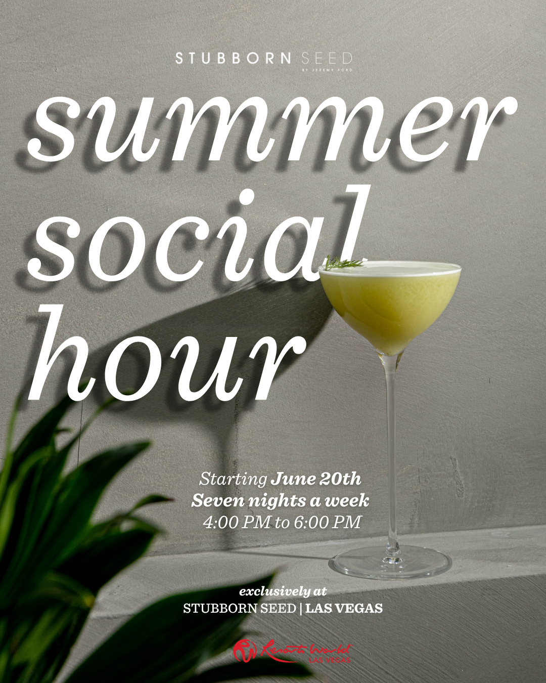 Promotional poster for summer social hour featuring a green cocktail in a martini glass.