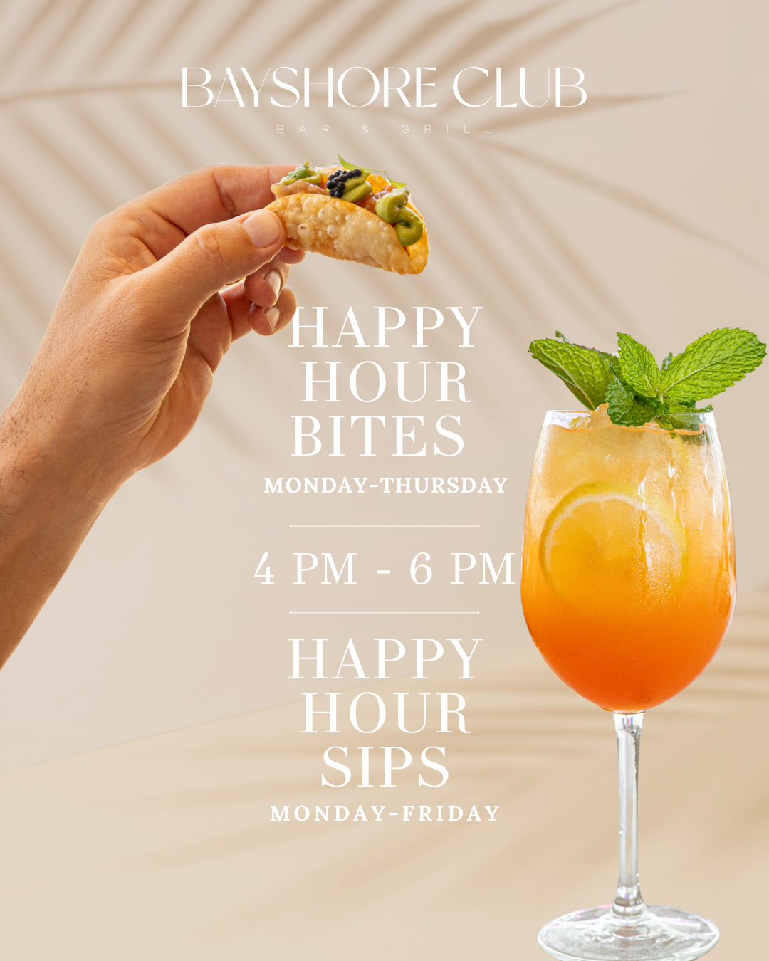 Bayshore Club happy hour advertisement showing cocktails and food with text overlay.