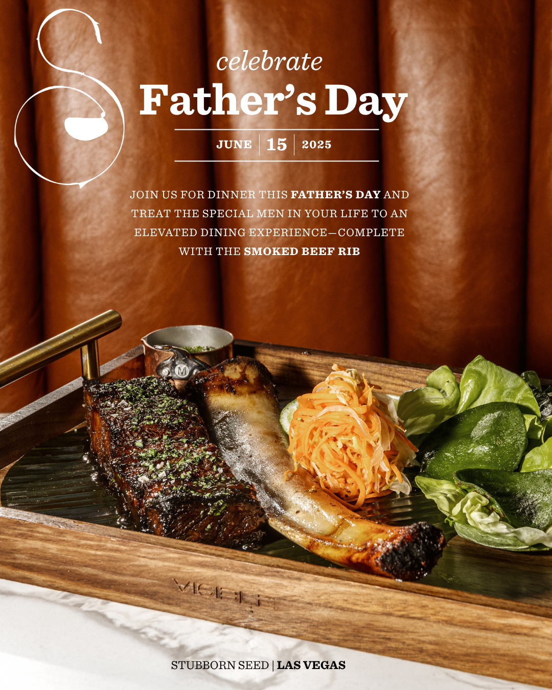 Father's Day dinner promotion showing a grilled steak with sides on an elegant plate.