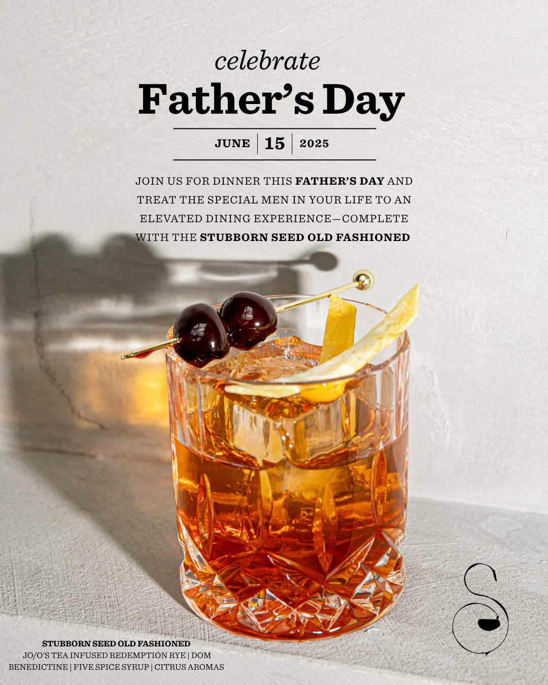 Father's Day cocktail promotion featuring whiskey drinks garnished with cherries and orange peel.