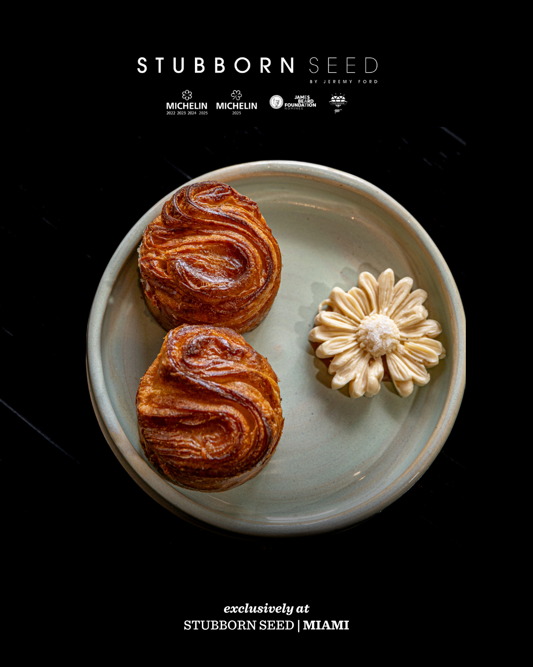 Elegant plated pastries with cream filling at Stubborn Seed Miami restaurant.