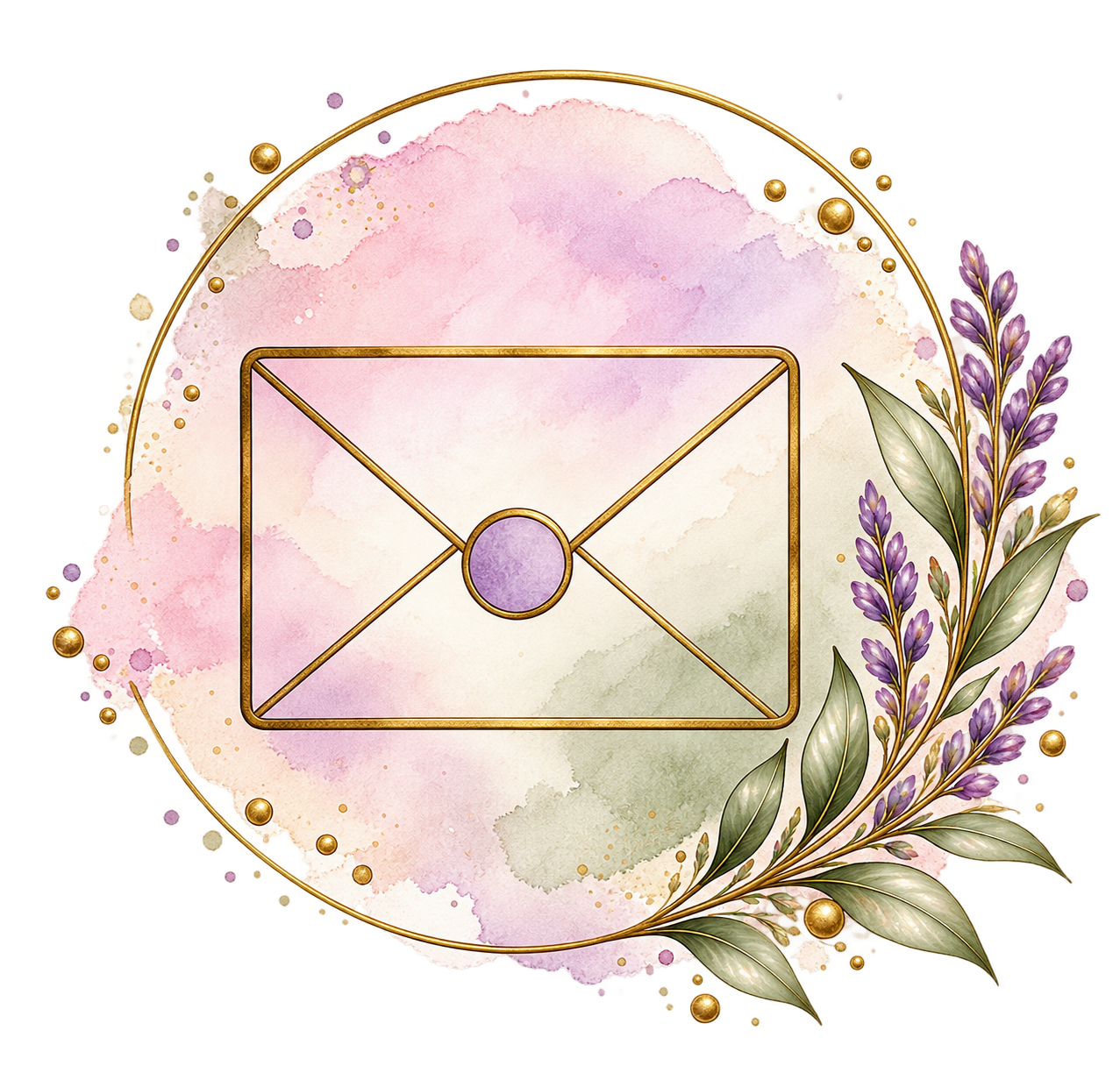 Watercolor envelope icon with gold frame, lavender flowers, and olive leaves in purple and green tones.