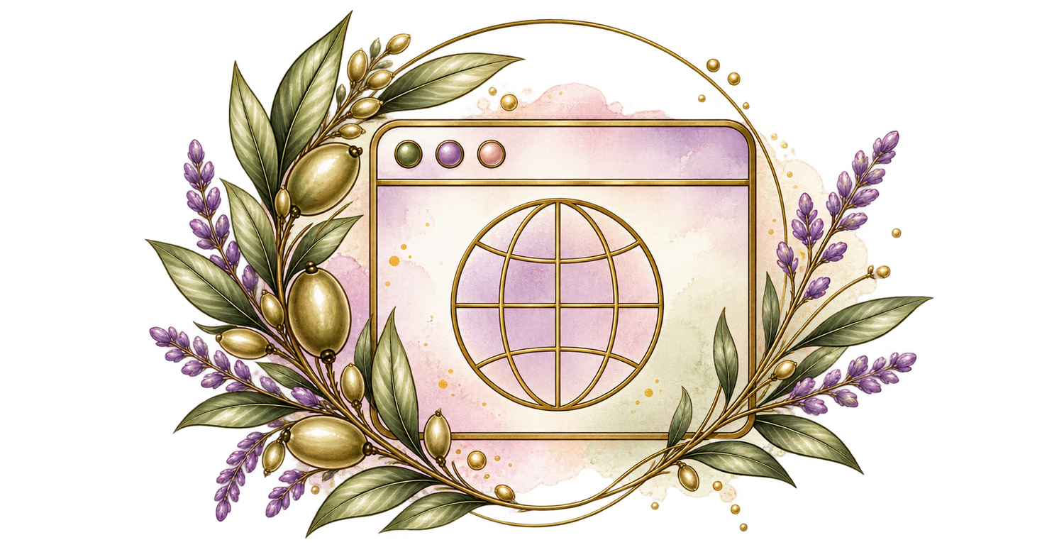 Olive Tree Photography website icon featuring a globe browser window framed by gold olive branches and lavender flowers.
