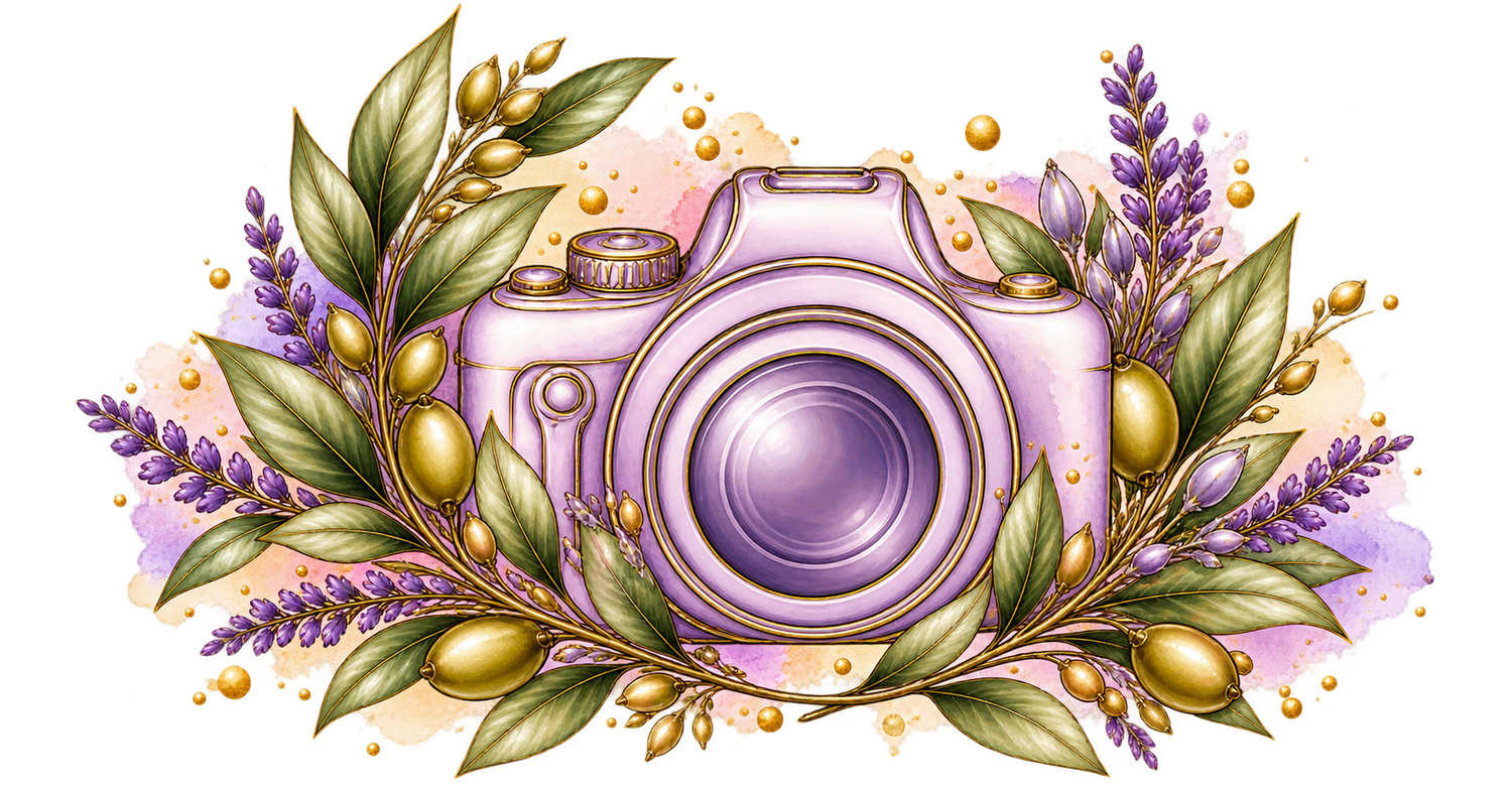 Watercolor camera with lavender flowers, olive branches, and gold berries in purple and green tones.