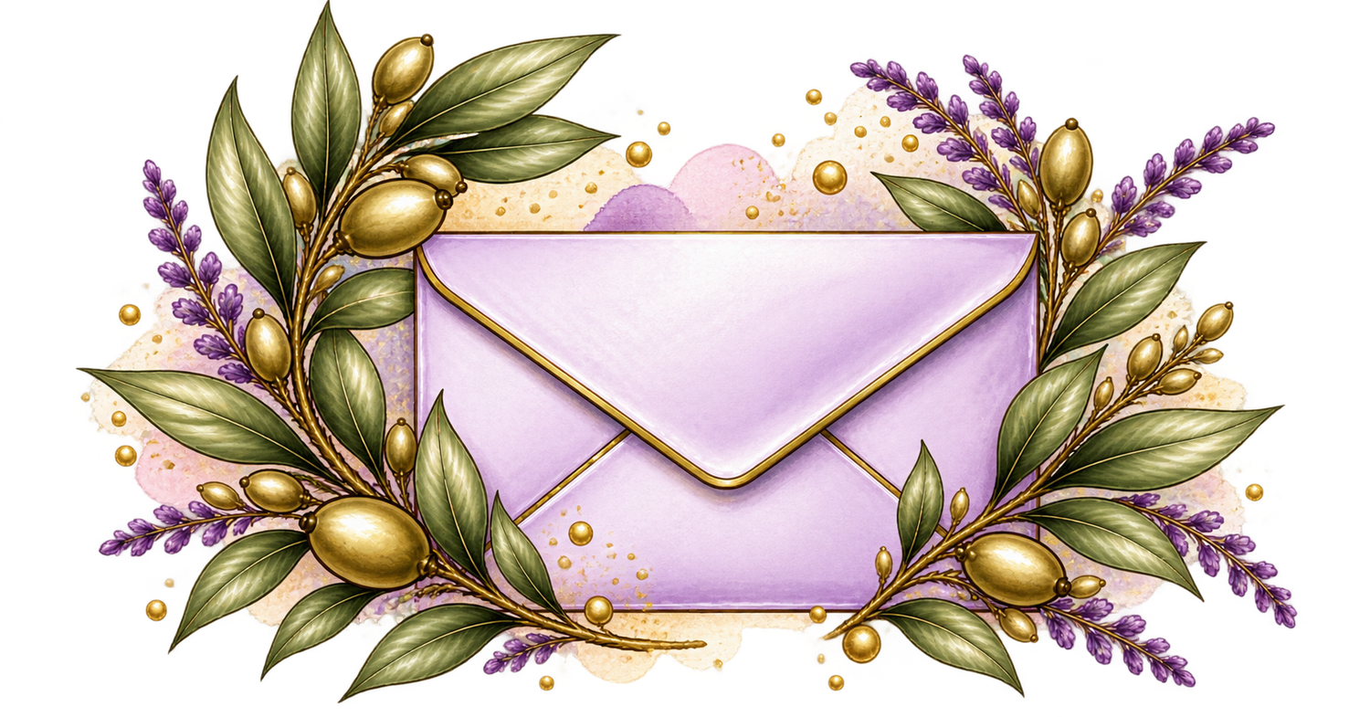 Olive Tree Photography email icon with a purple envelope surrounded by gold olive branches and purple lavender sprigs.
