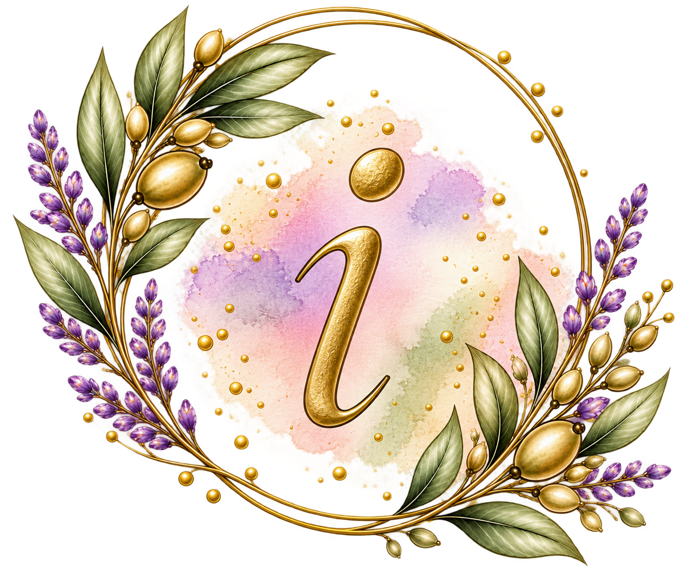 Gold letter i in floral wreath with lavender, olive branches, and gold berries on watercolor background.