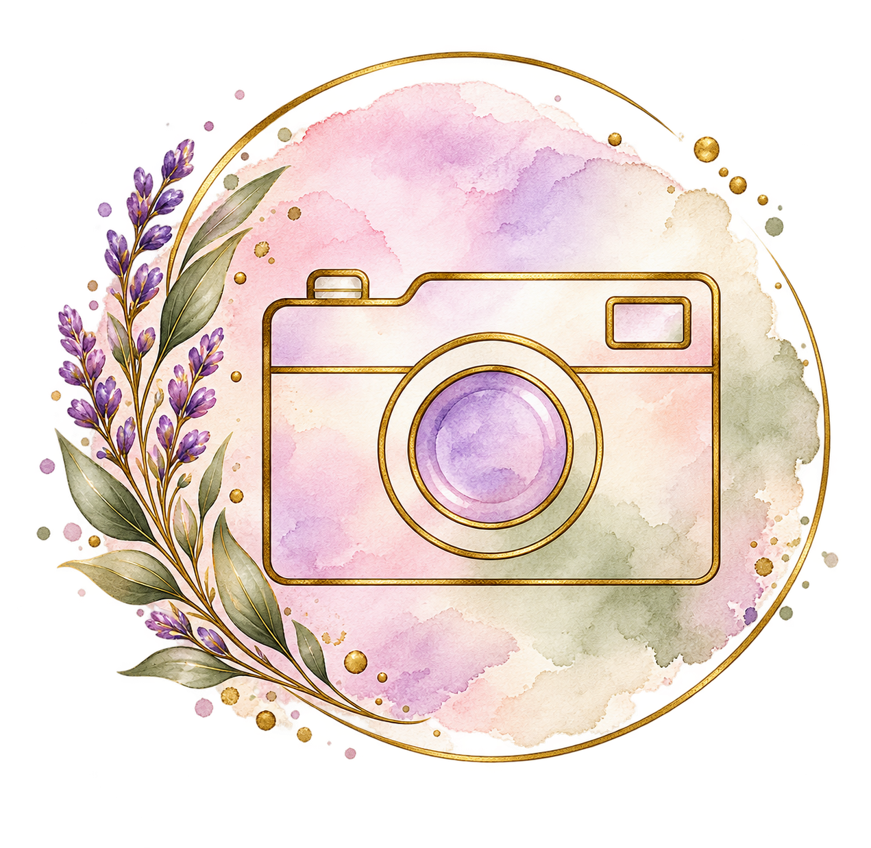 Watercolor camera icon with gold circle frame, purple lavender, and green olive leaves on soft background.
