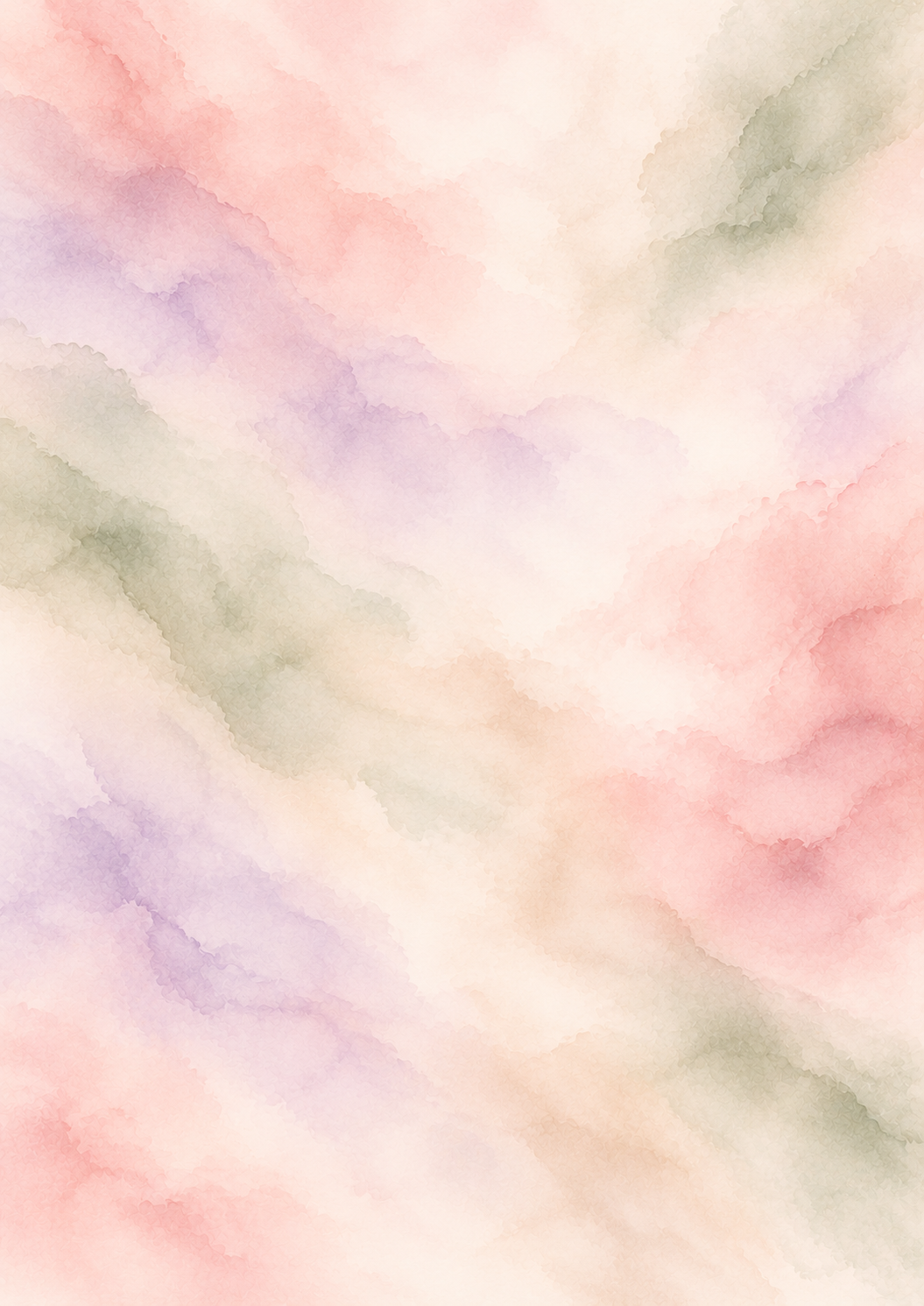 Soft abstract watercolor background with blended pastel pink, lavender, peach and sage green washes in a delicate, cloudlike texture.