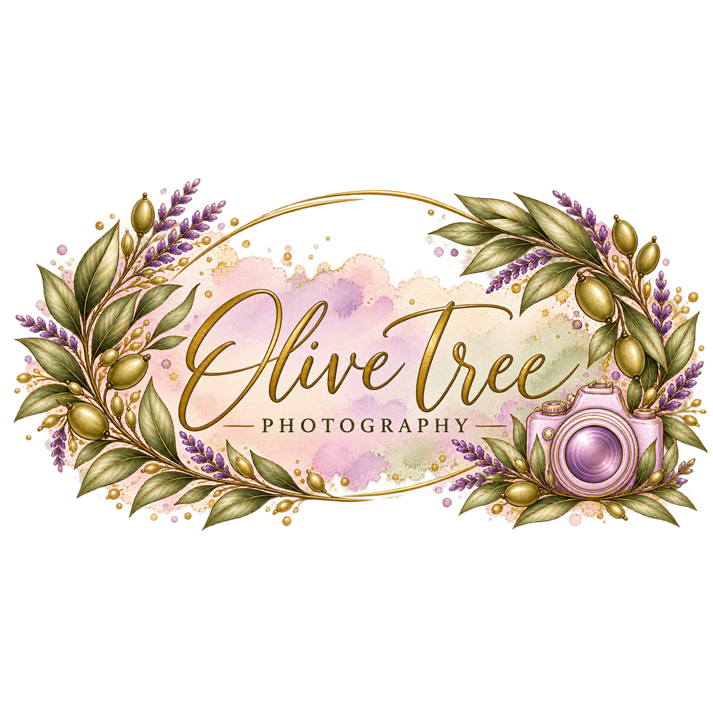 Olive Tree Photography logo featuring elegant gold script text surrounded by olive branches, lavender, and a pink camera.