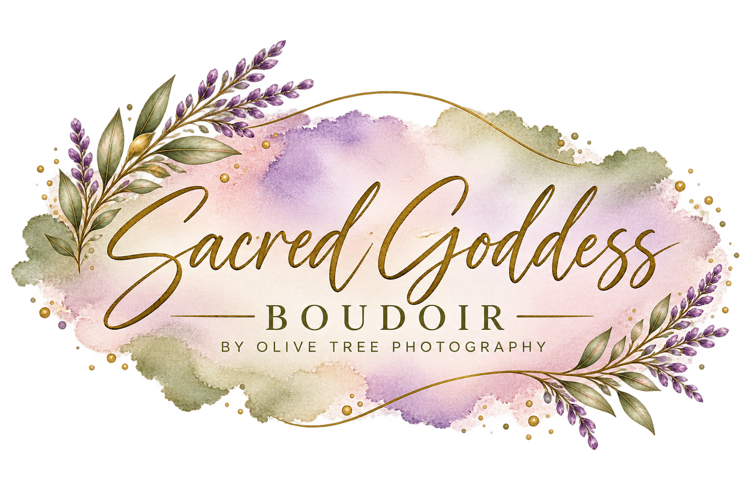 Sacred Goddess Boudoir by Olive Tree Photography logo with lavender and olive branches on watercolor.