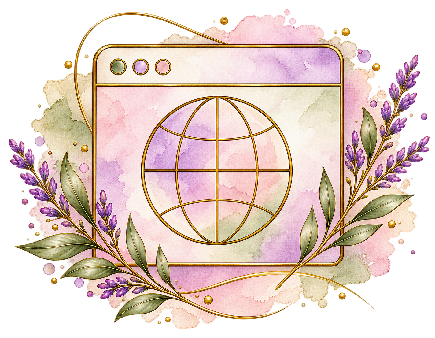 Watercolor browser window with globe icon, gold frame, purple lavender, and green olive branches.