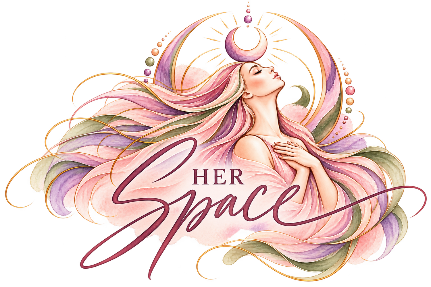 Her Space logo featuring a serene woman with flowing pink and lavender hair, hand on heart, framed by a golden crescent moon.